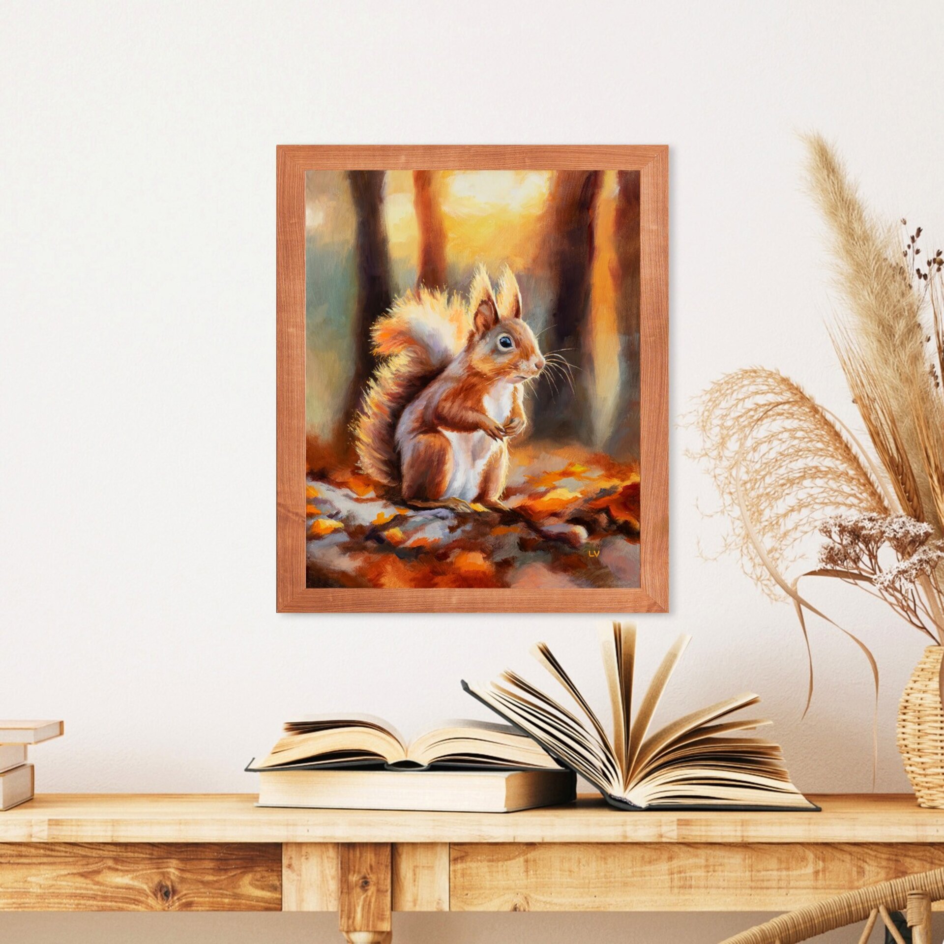 Pintura al óleo de una ardilla roja en el bosque de otoño, Retrato de animales - 13