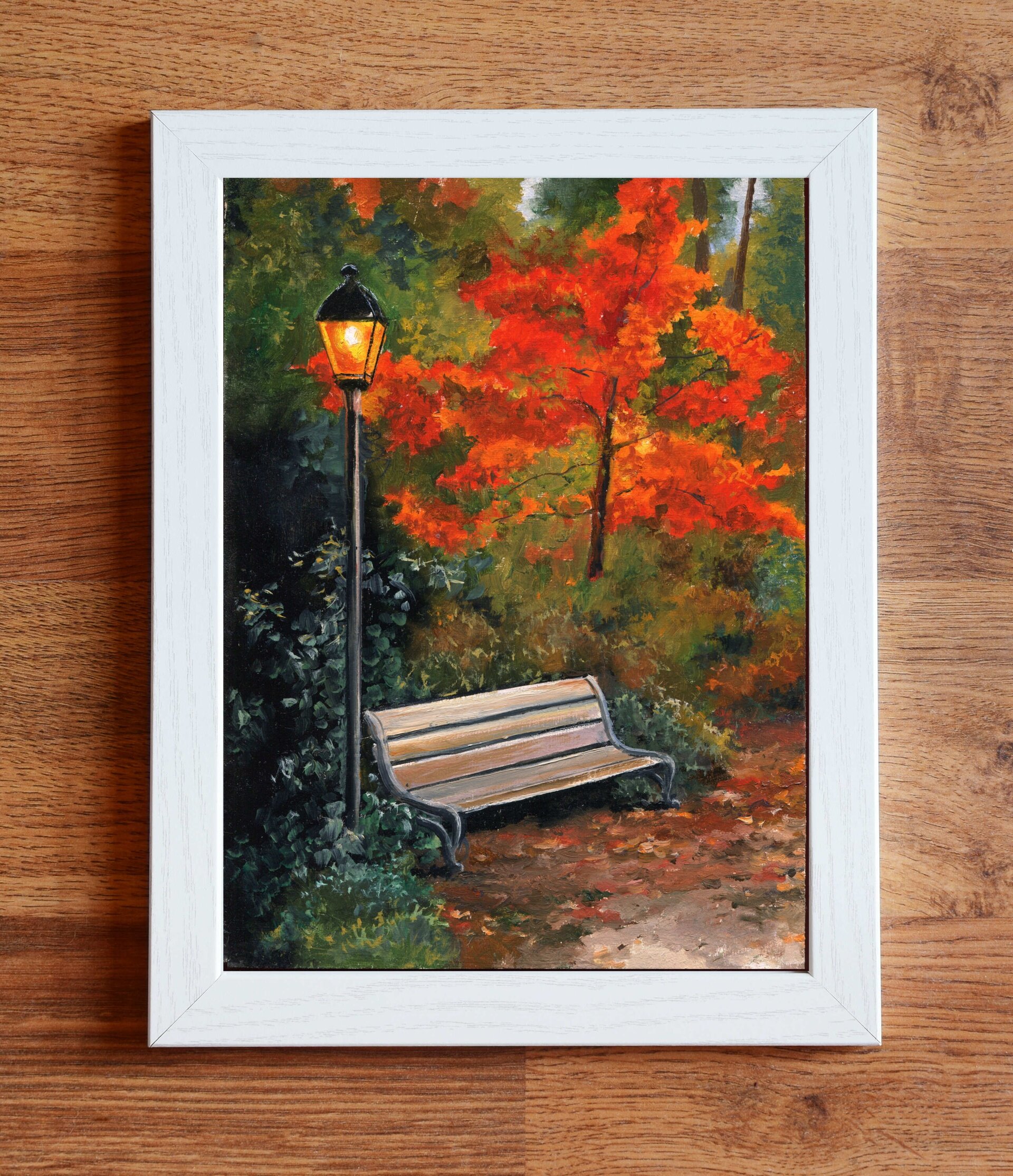 Pintura acogedora de otoño en parque con banco solitario, hojas caídas y farola - 4