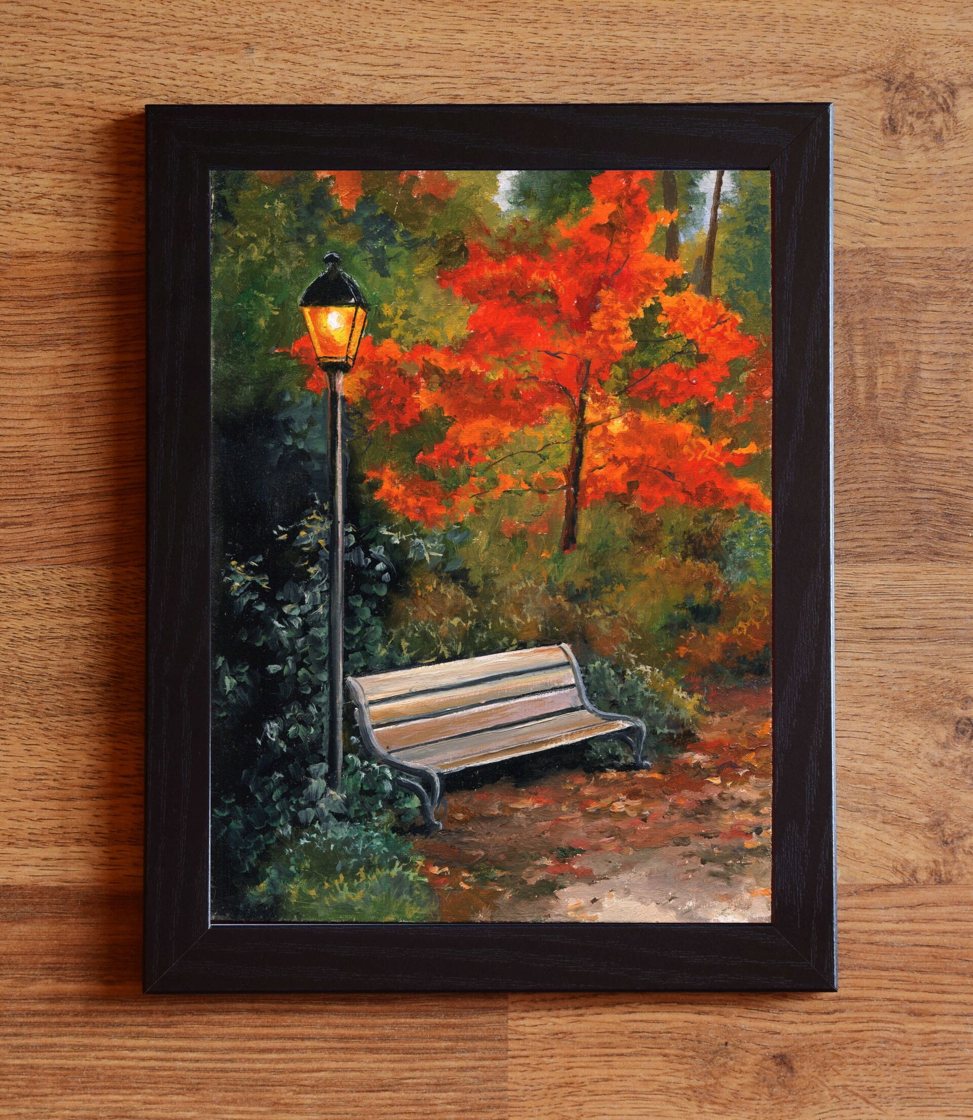 Pintura acogedora de otoño en parque con banco solitario, hojas caídas y farola - 2