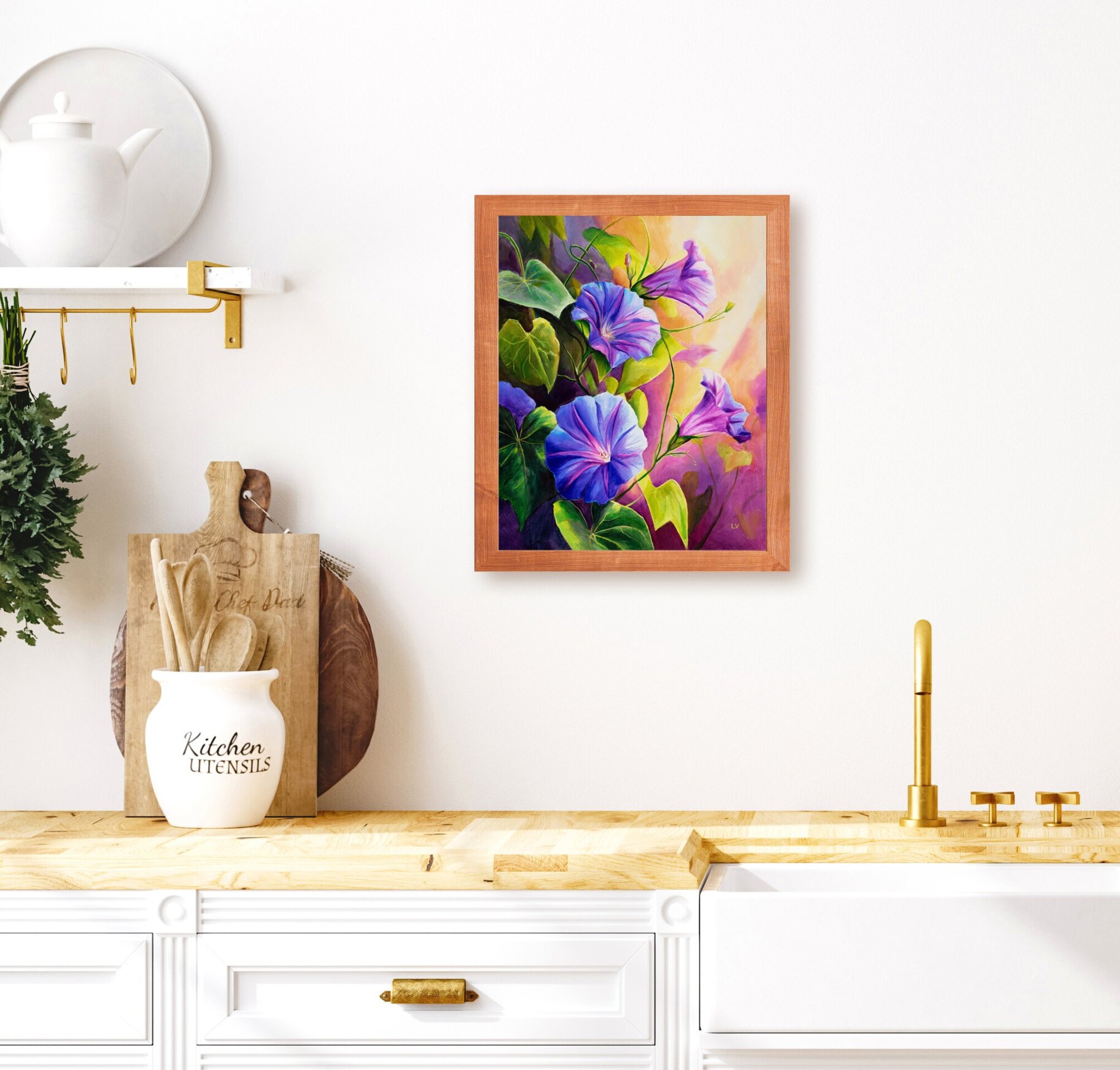 Flores de campanilla moradas en el jardín cuadro al óleo, Pintura botánica - 11
