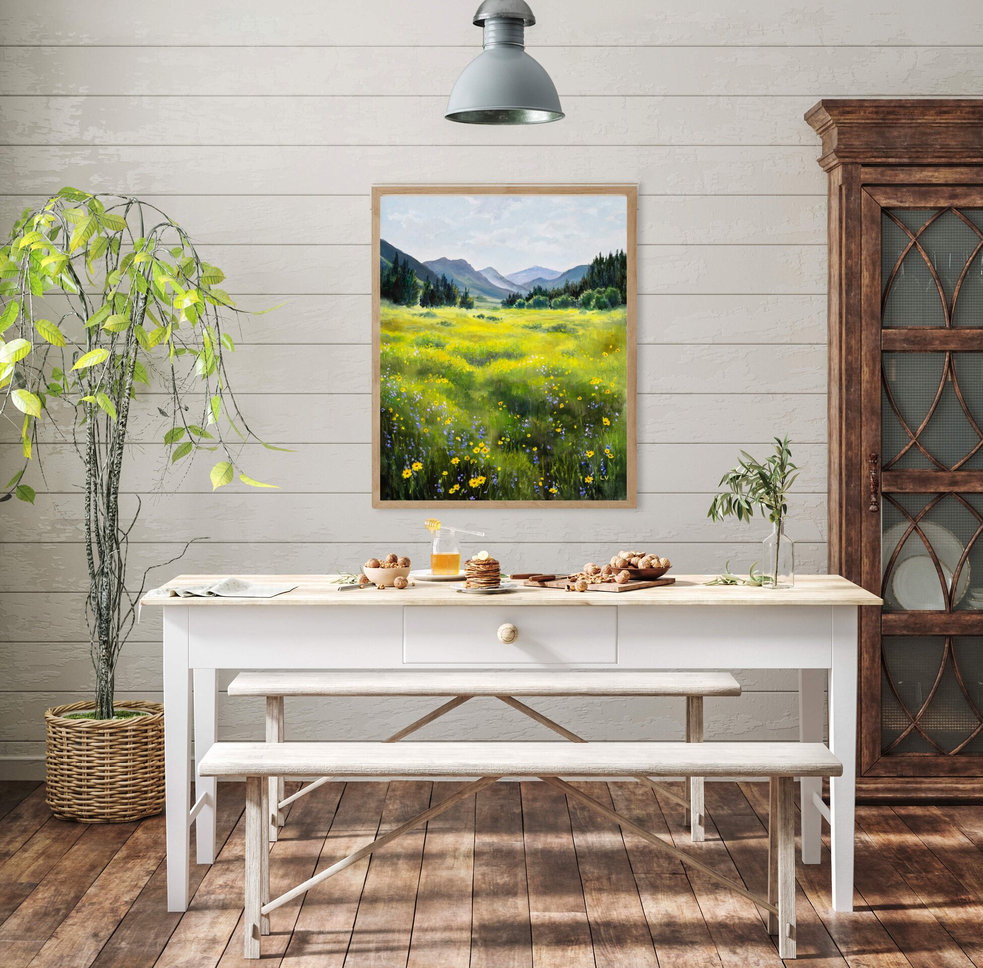 Pintura de paisaje de campo verde con flores amarillas y montañas en la lejanía - 10
