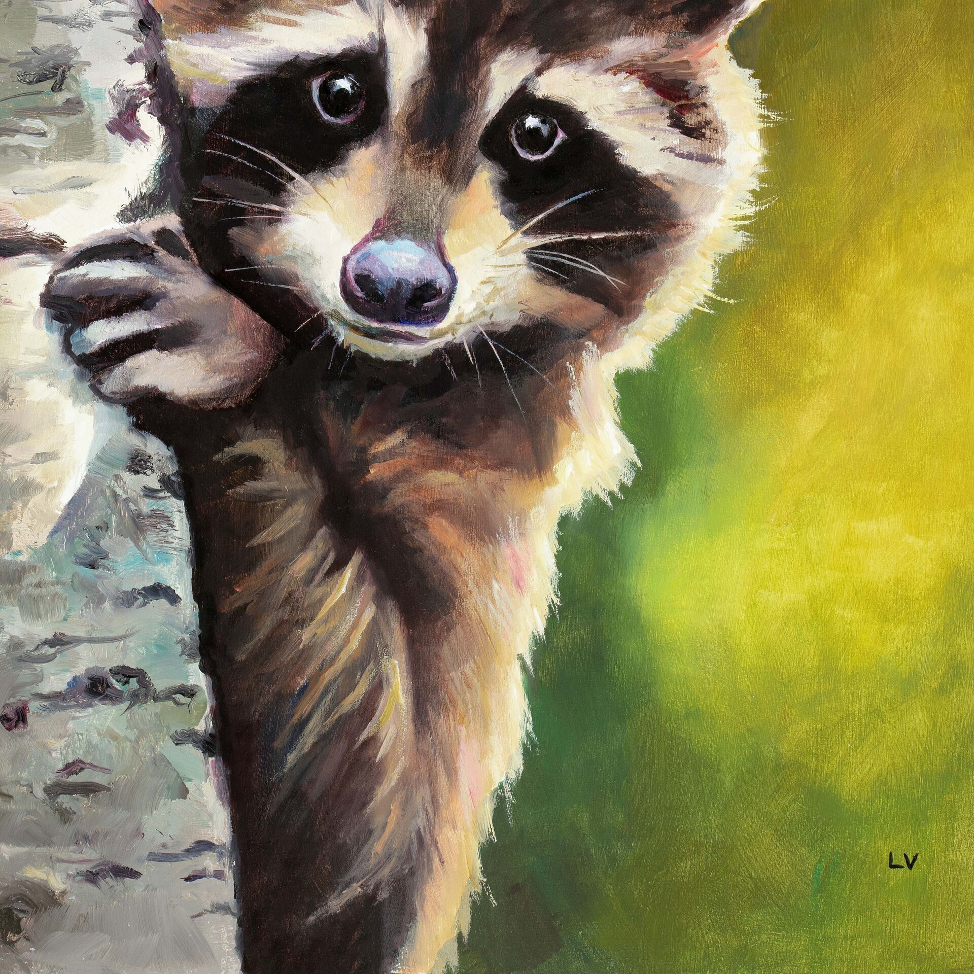 Retrato al óleo de un mapache asomado en un tronco, Pintura realista de animales - 13