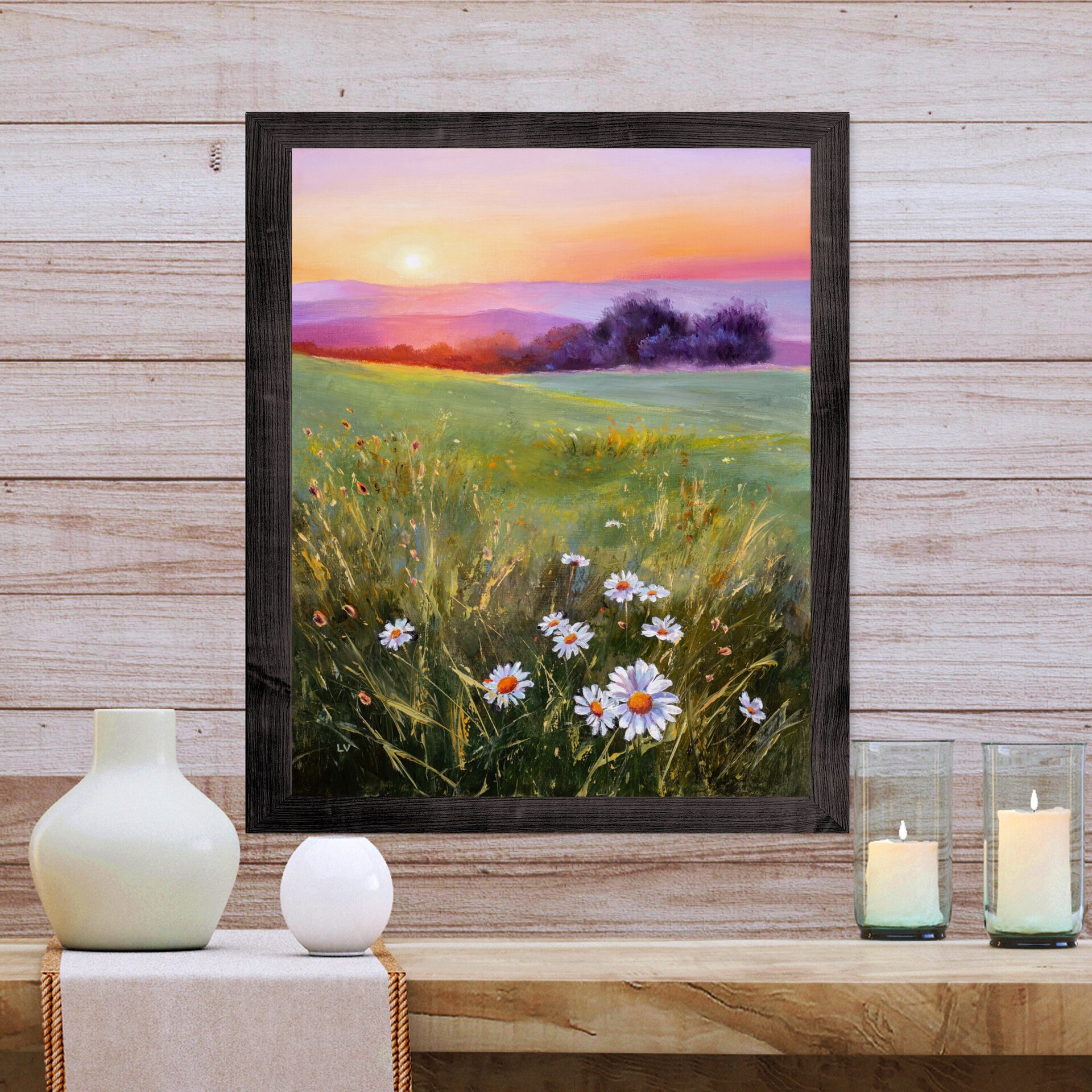 Paisaje de colinas al atardecer en prado con margaritas, Atmósfera suave de paz - 11