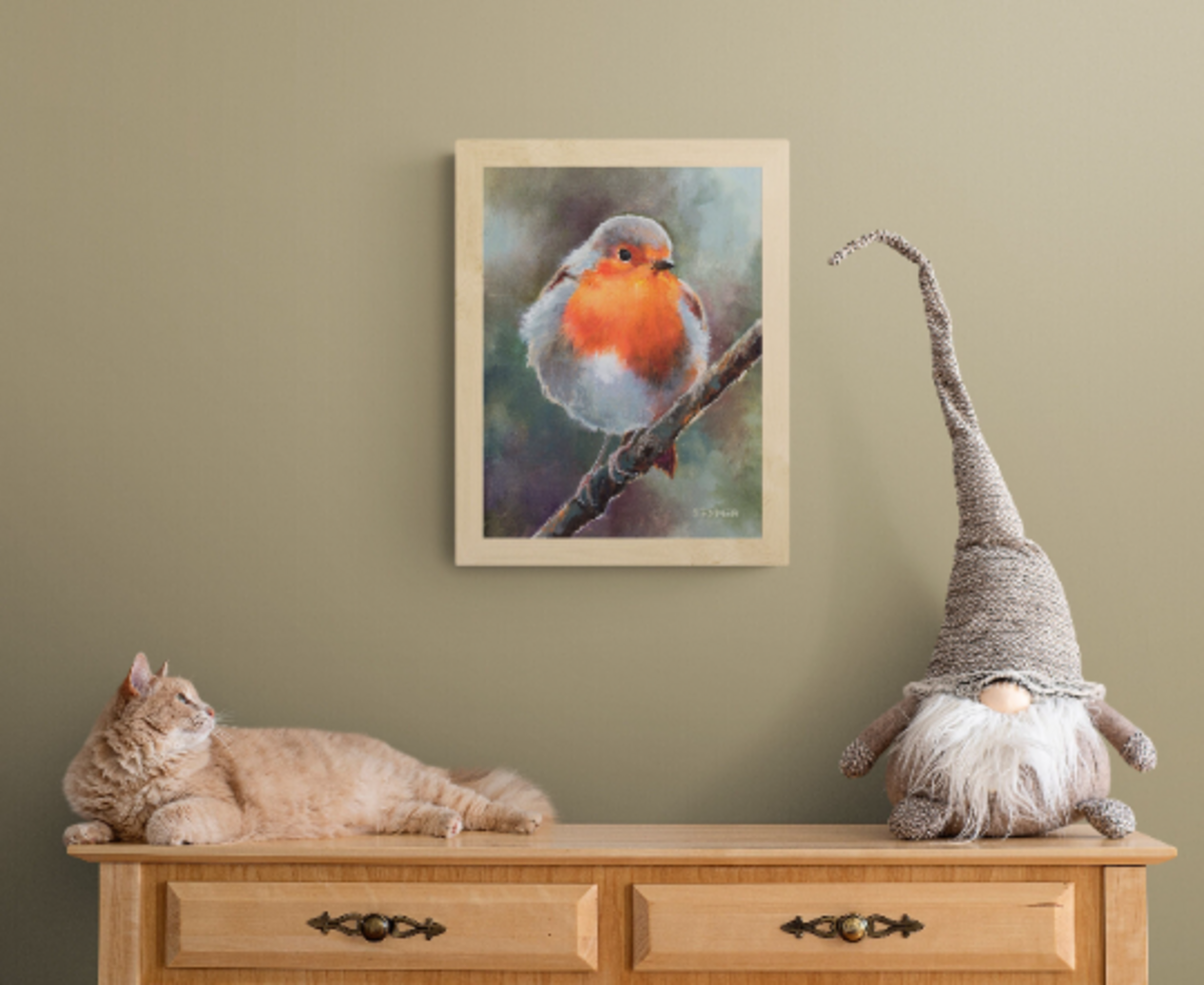 Pintura de pájaro petirrojo sobre rama libre y felíz, Arte de realismo animal - 8