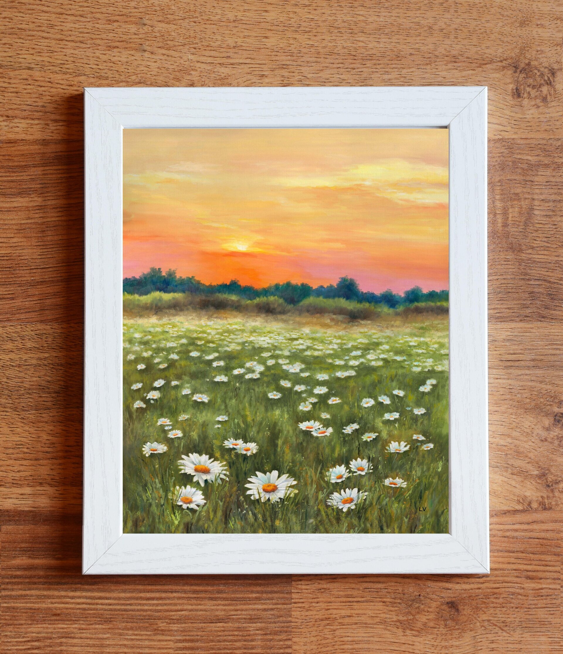 Pintura de campo de margaritas en puesta de sol, Paisaje de flores en primavera - 4