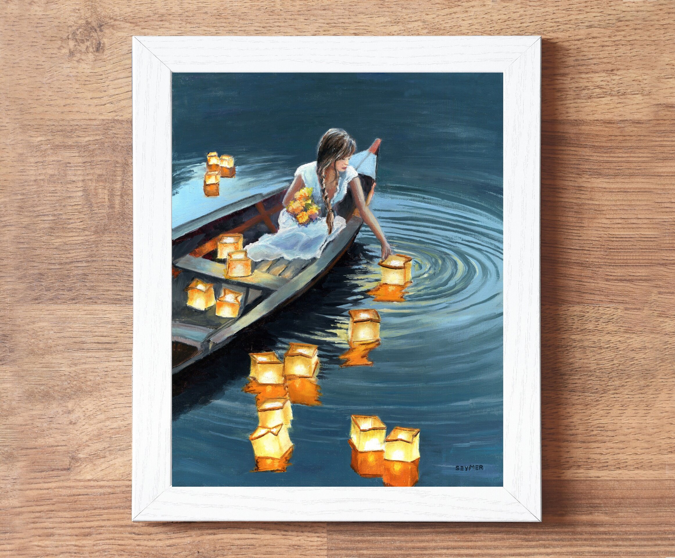 Pintura chica en barca con farolillos de luz en lago de noche, Amor, alma y paz - 4