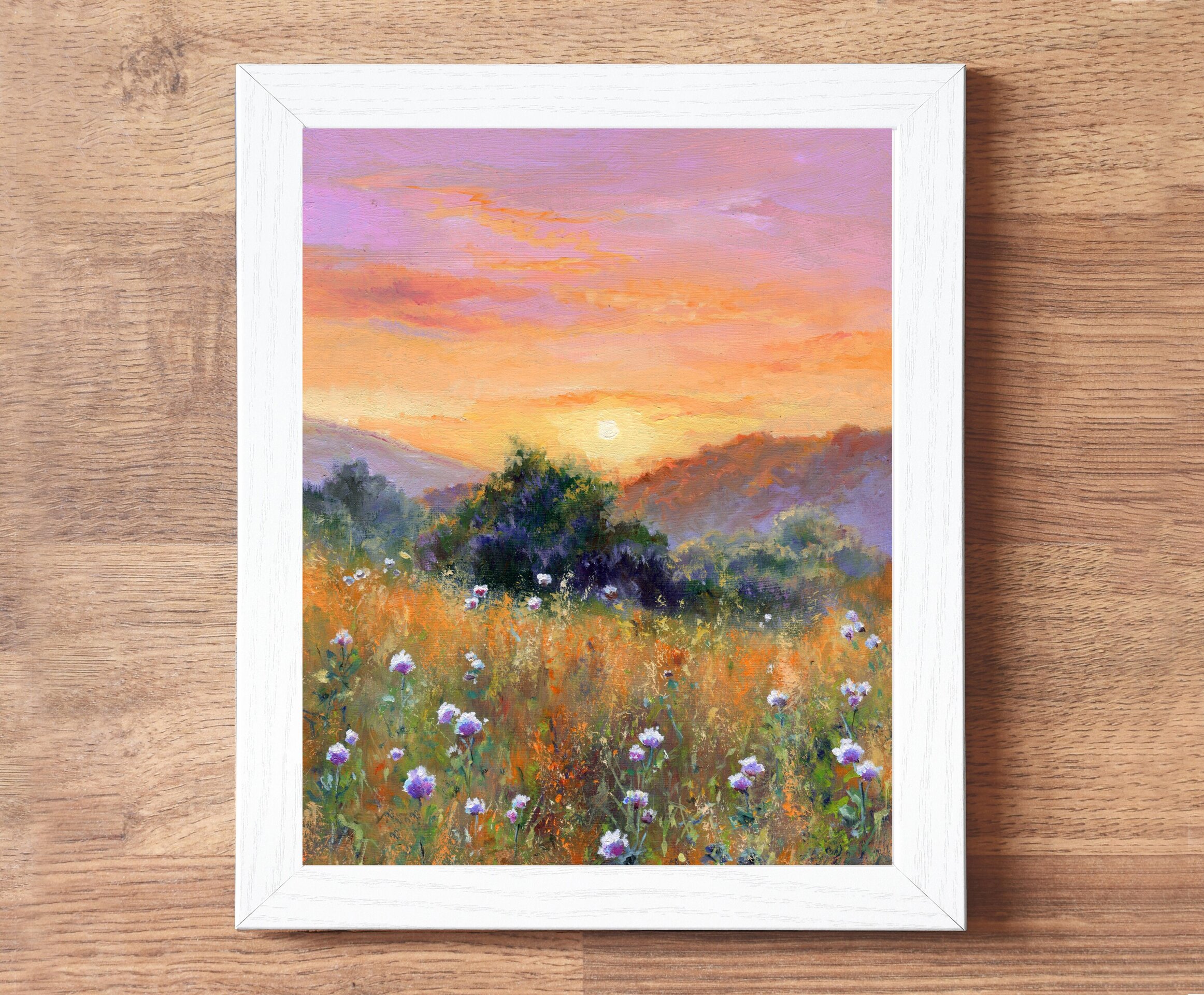 Paisaje realista de campo de flores blancas en puesta de sol bajo cielo rosado - 4
