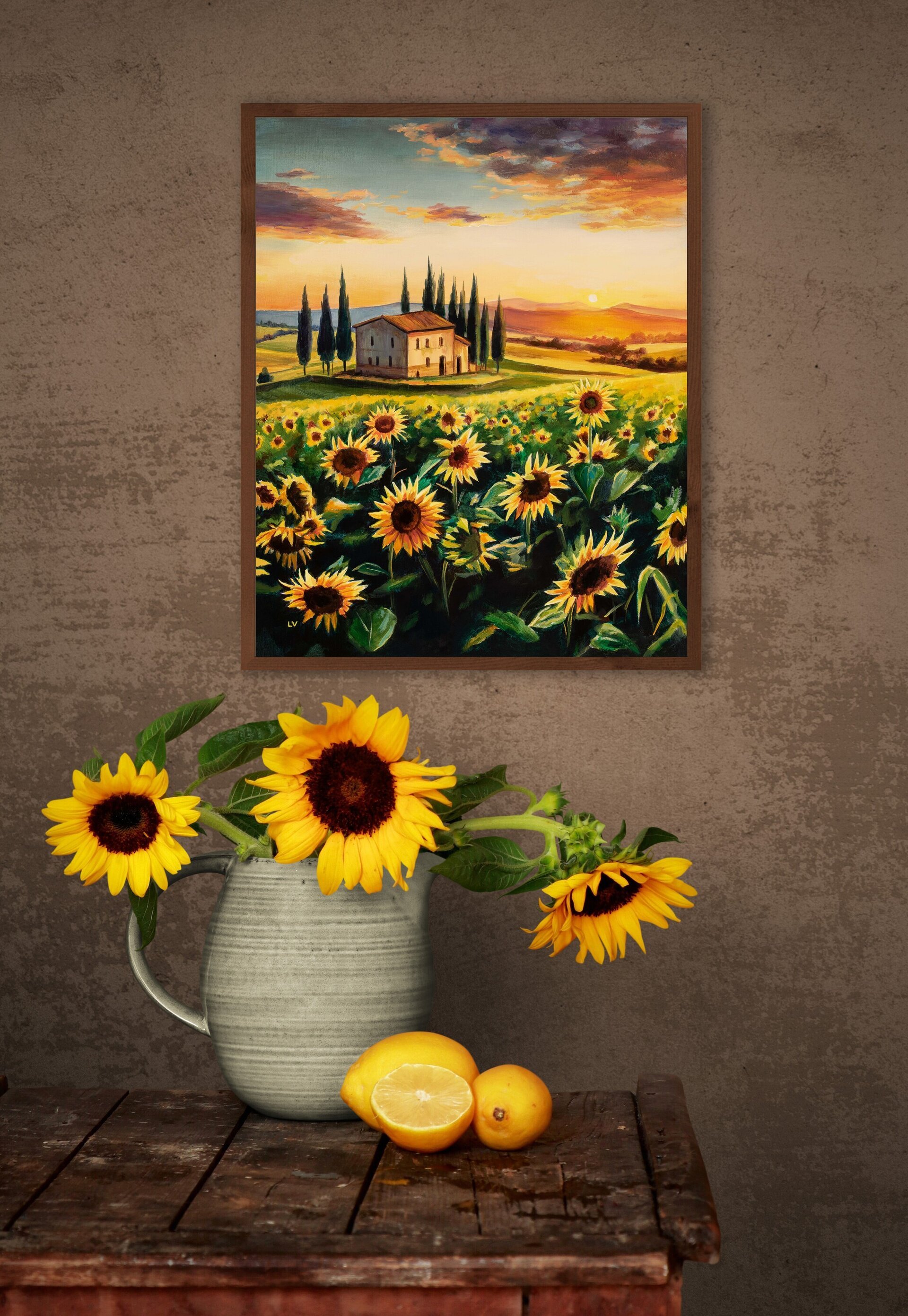 Cuadro al óleo de un paisaje de campo de girasoles en la Toscana al atardecer - 6