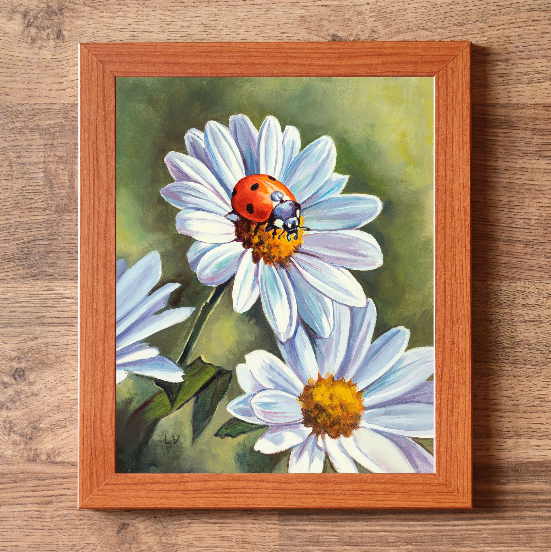 Pintura al óleo de una mariquita roja sobre flores de margarita blancas - 3