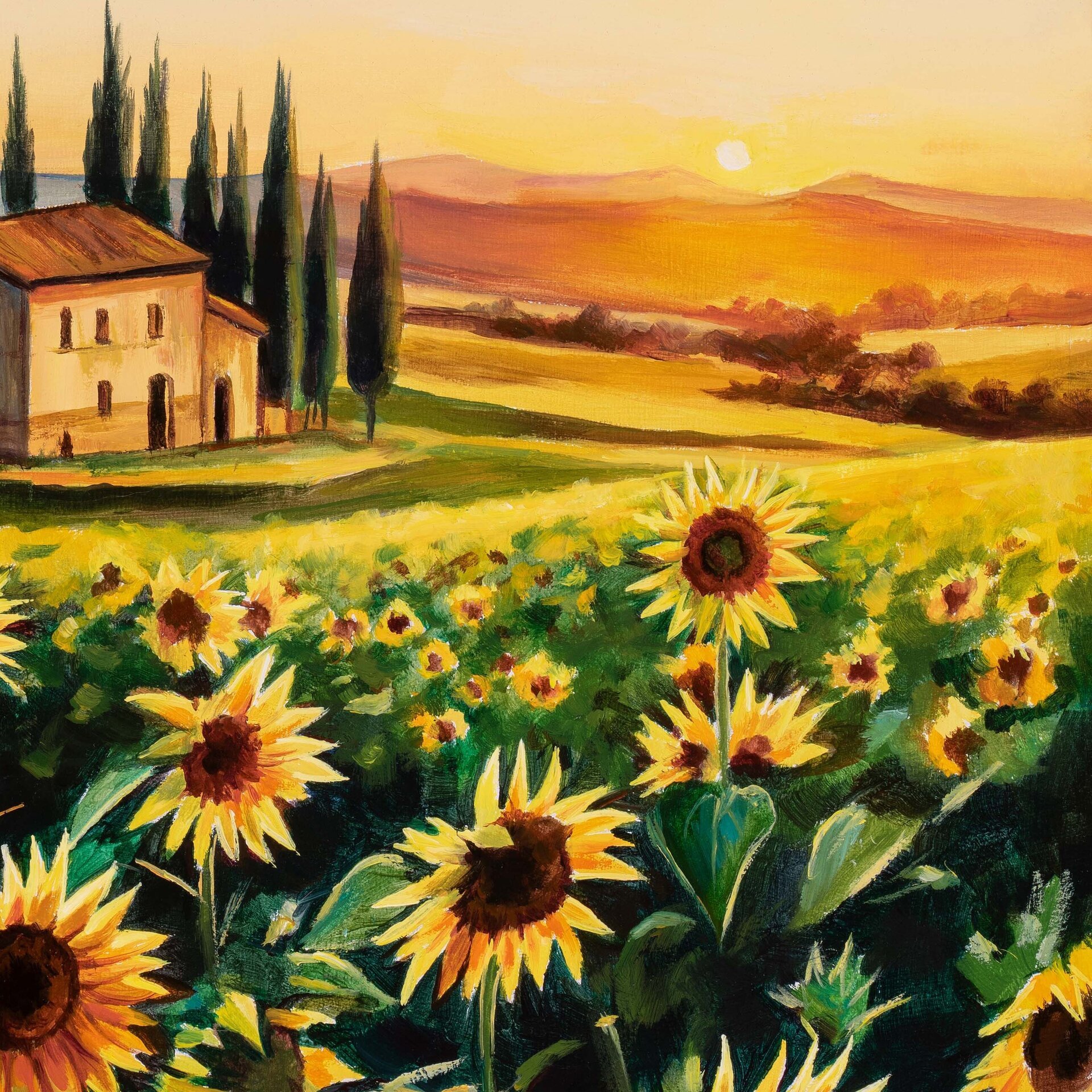 Cuadro al óleo de un paisaje de campo de girasoles en la Toscana al atardecer - 13