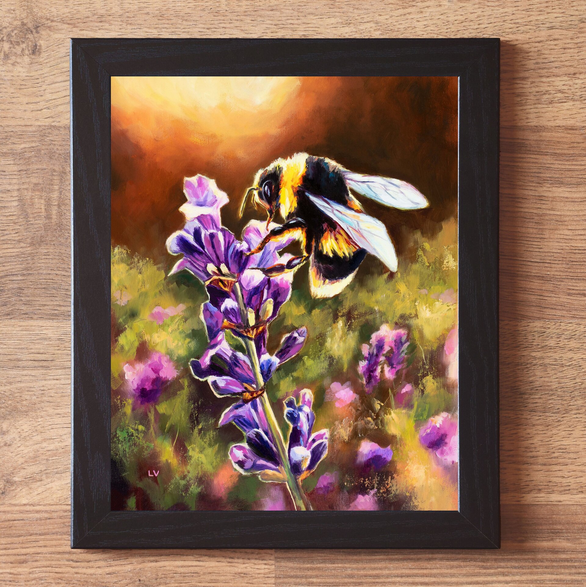 Pintura de abejorro en una flor de lavanda morada, Cuadro a óleo floral colorido - 2