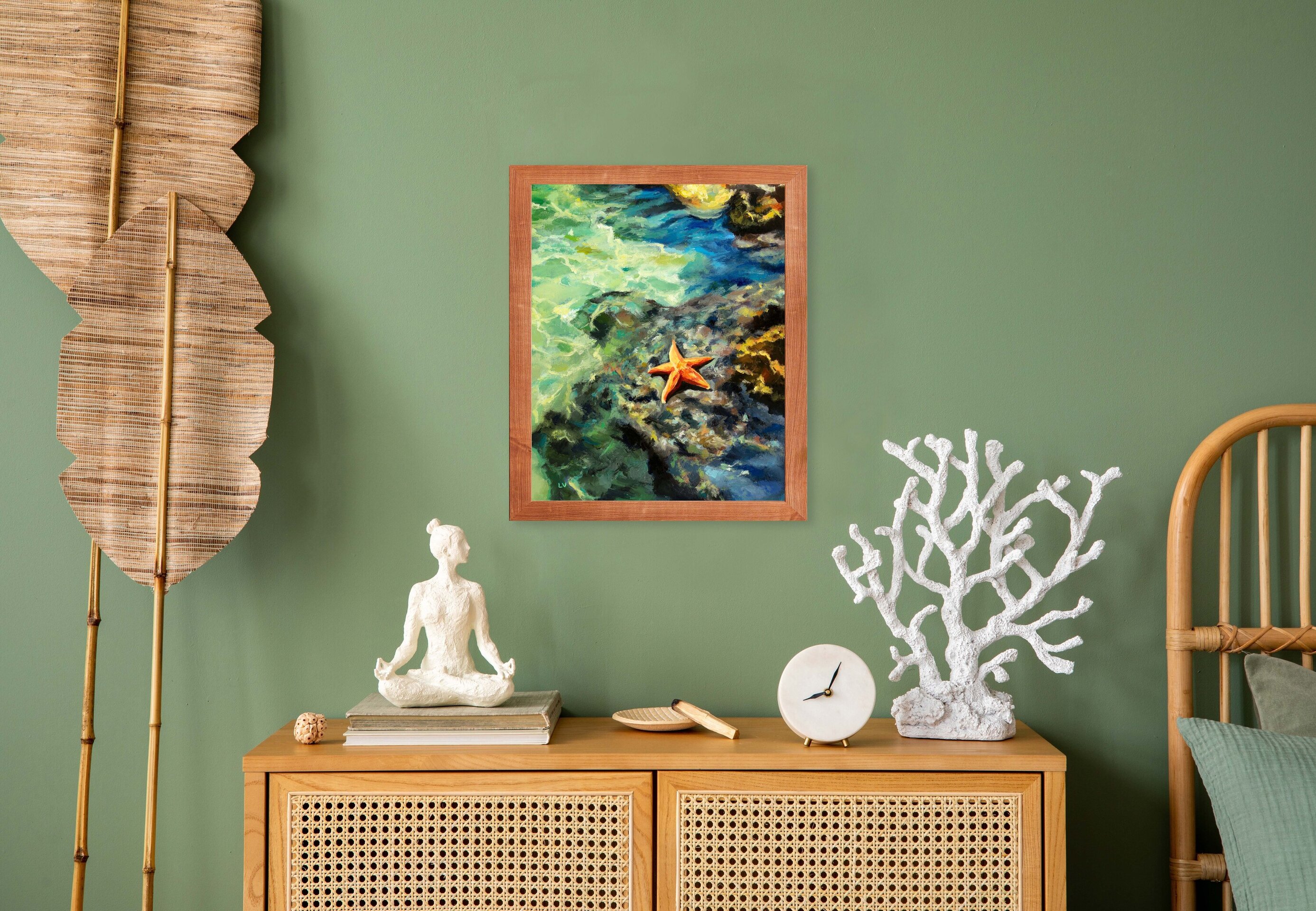 Cuadro al óleo de estrella de mar, Paisaje de océano con rocas, agua y olas - 5