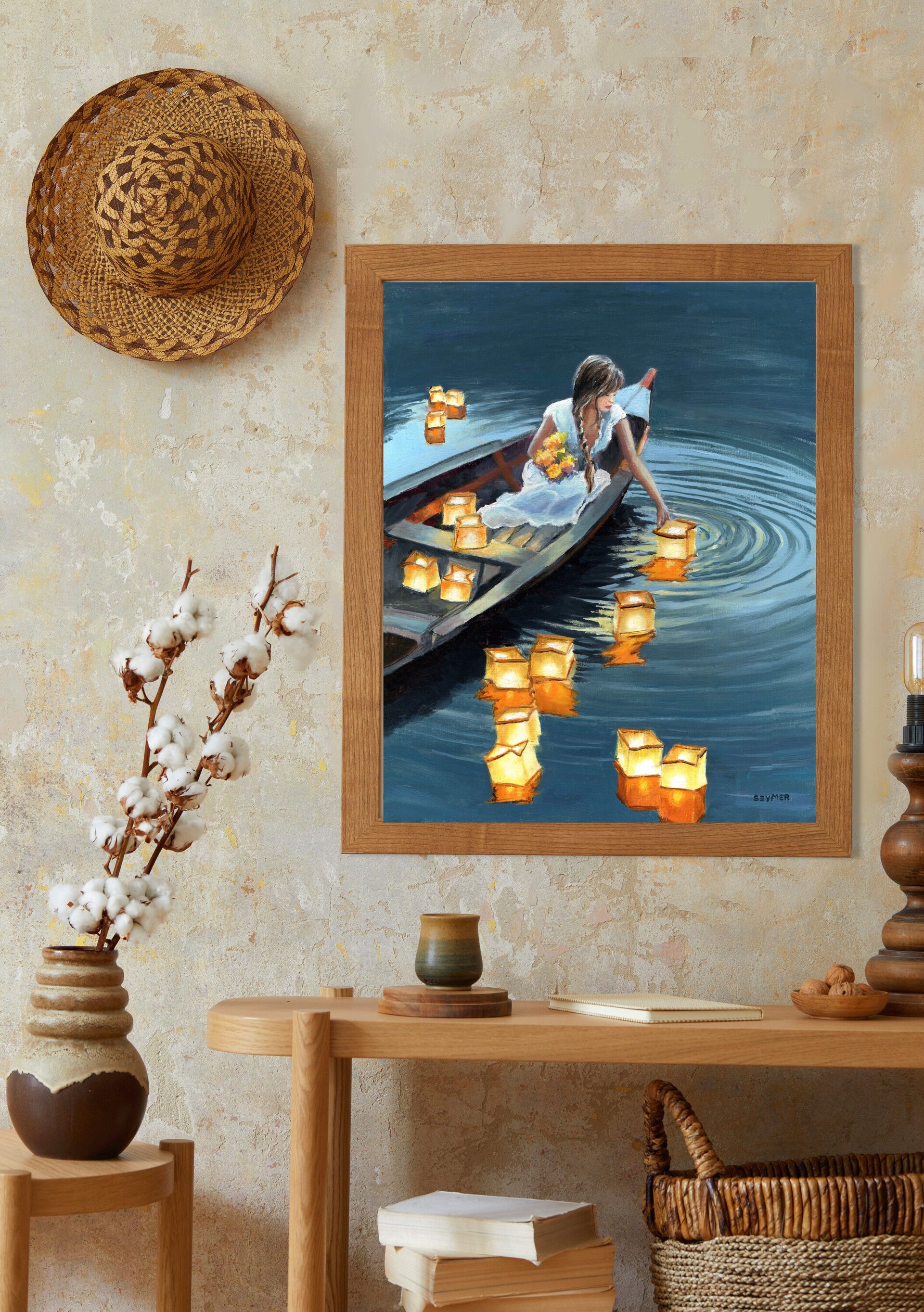 Pintura chica en barca con farolillos de luz en lago de noche, Amor, alma y paz - 7