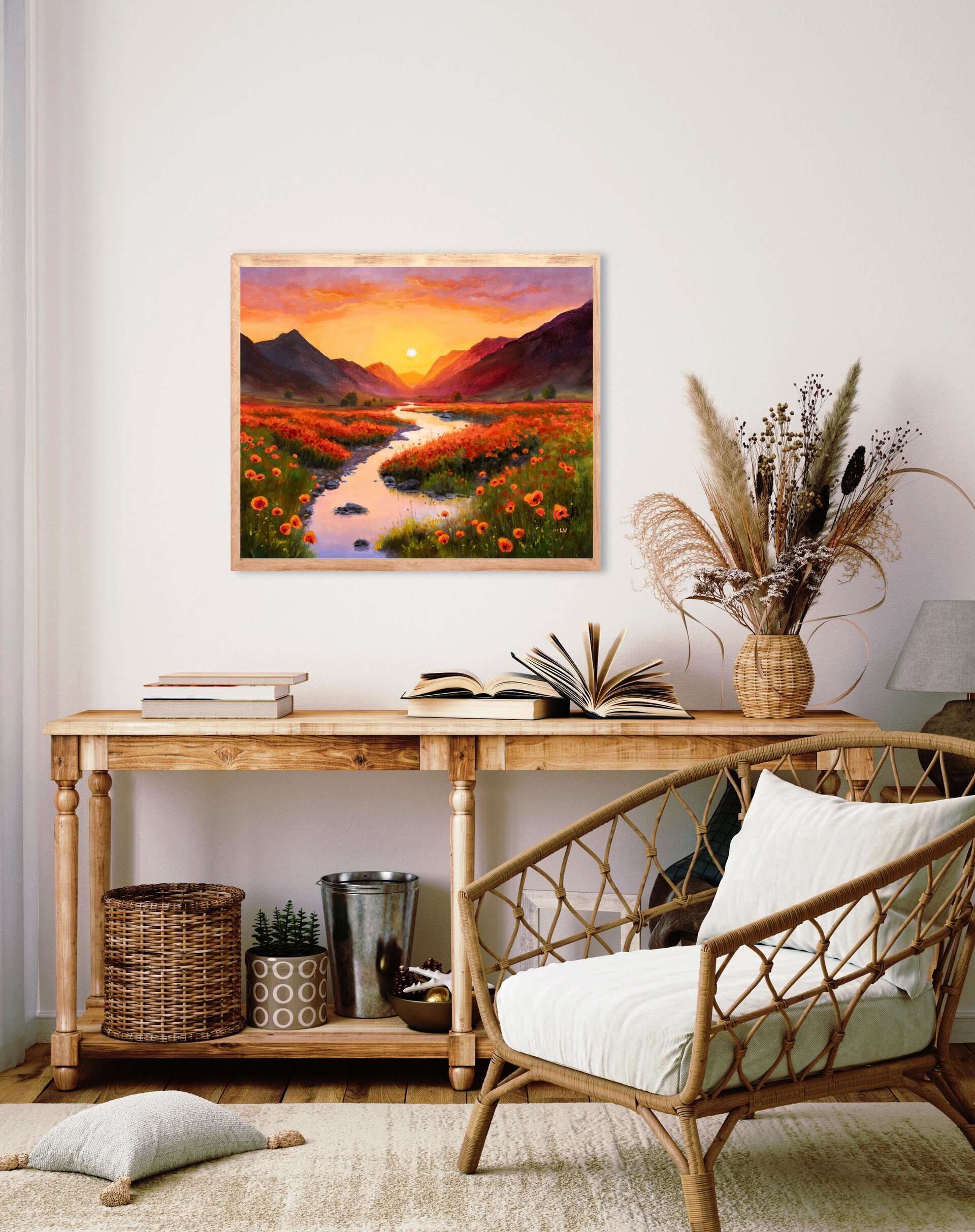 Río con flores en puesta de sol. Pintura vibrante de atardecer con amapolas - 5