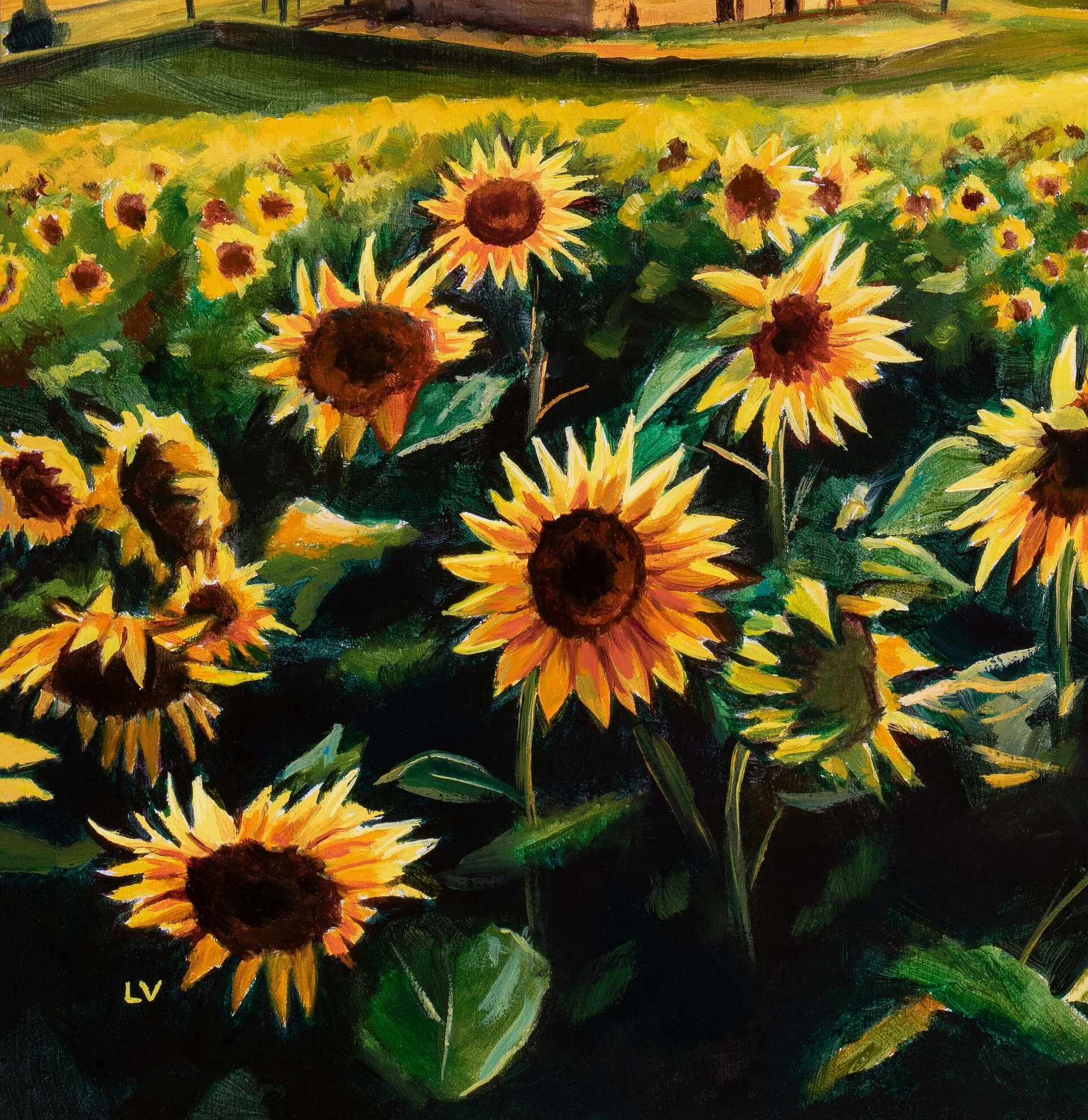 Cuadro al óleo de un paisaje de campo de girasoles en la Toscana al atardecer - 10