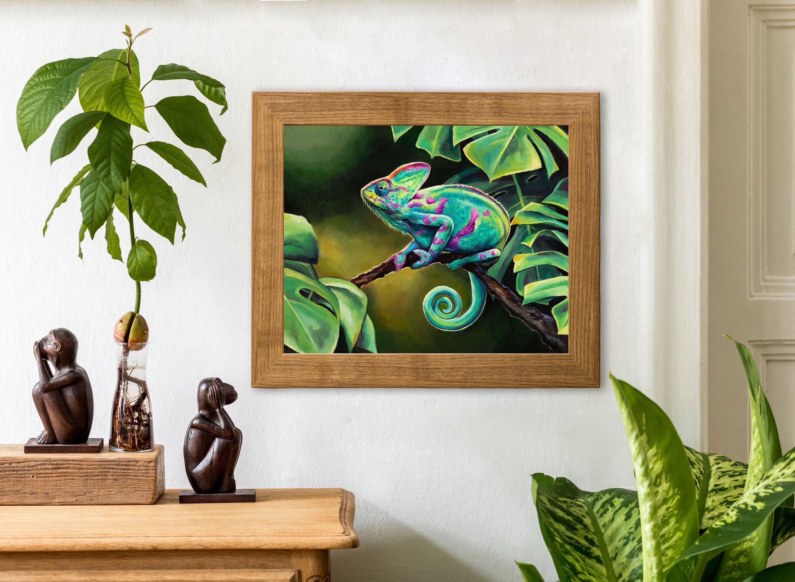 Cuadro al óleo de camaleón verde en la selva, Pintura realista animales salvajes - 6