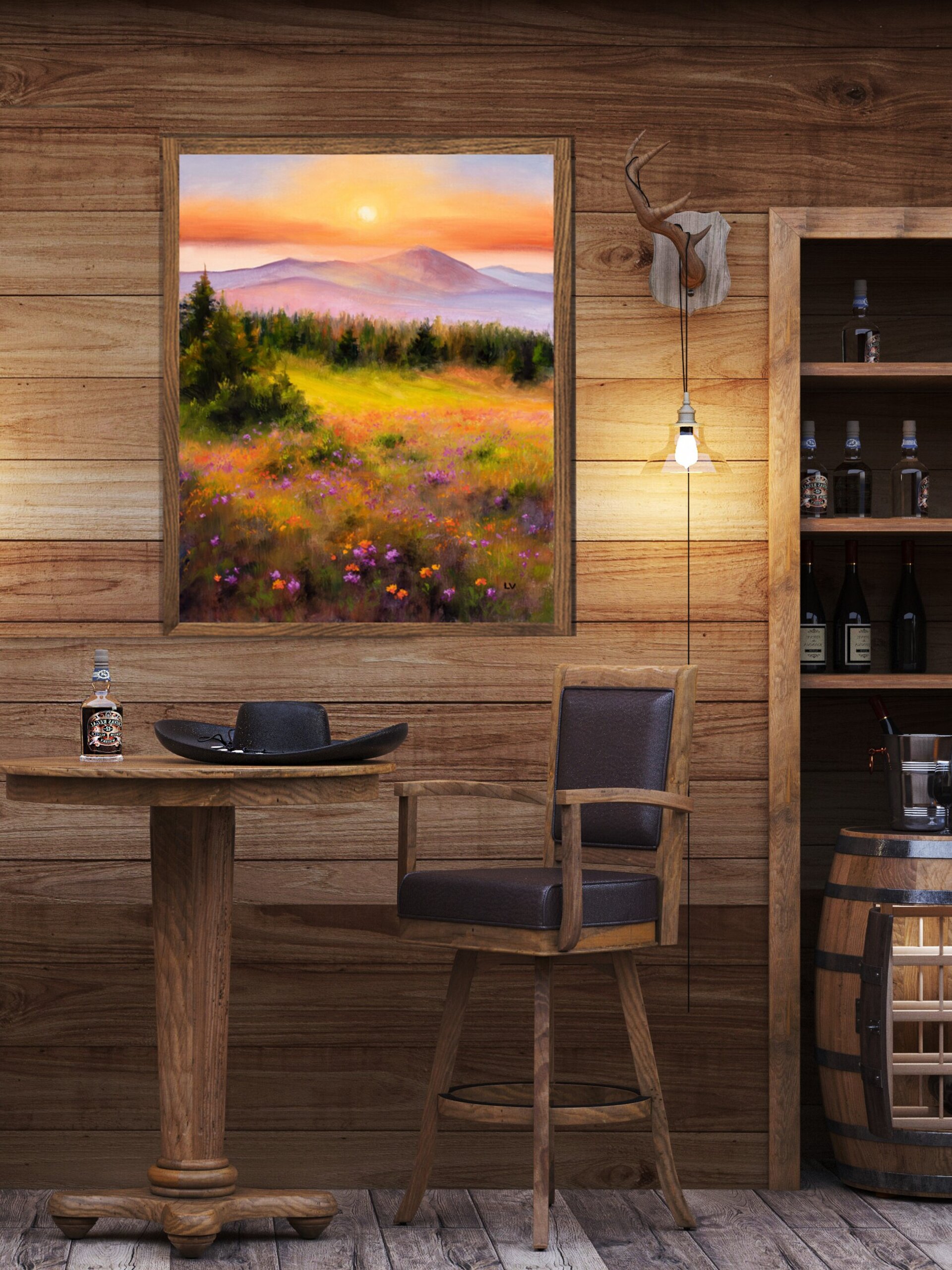 Montañas brumosas en puesta de sol con verde pradera, abetos y flores de colores - 12