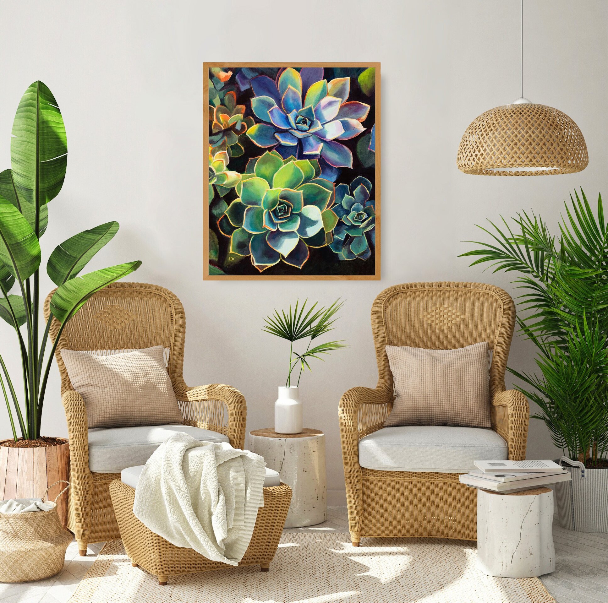 Coloridas plantas suculentas cuadro al óleo, Pintura boho floral de cactus - 7