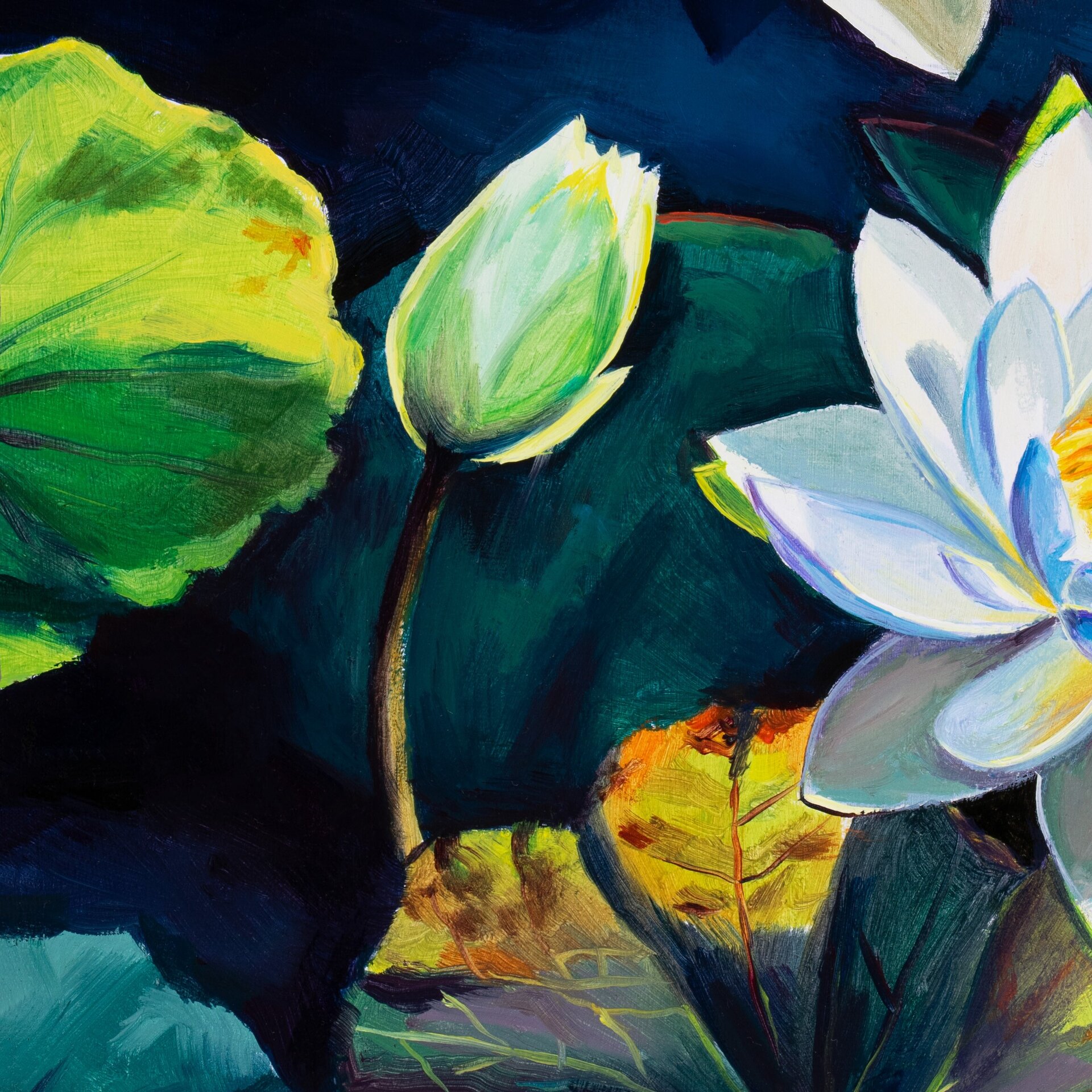 Flores de nenúfar blanco sobre el agua del estanque, Cuadro flores de loto óleo - 15