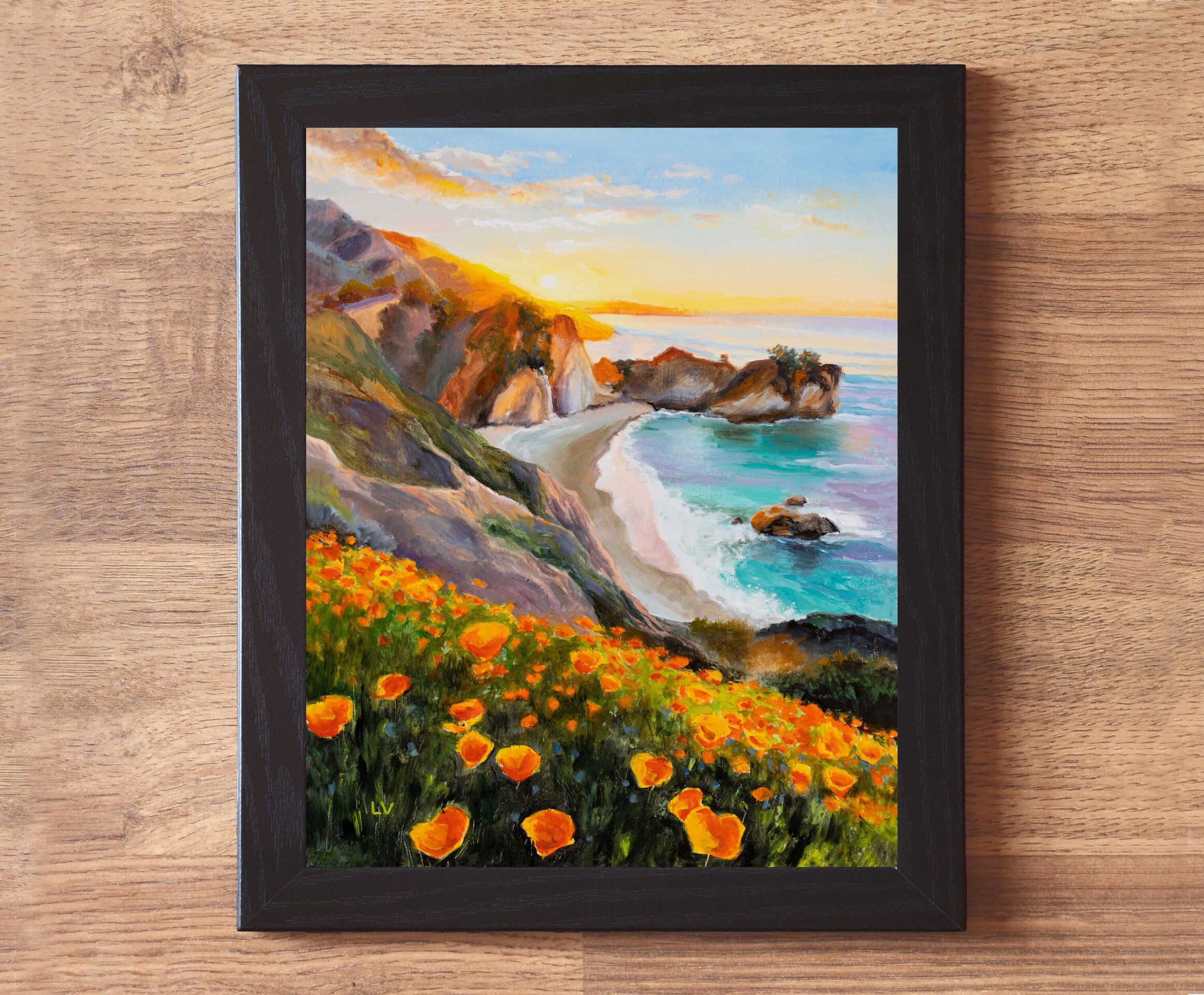 Pintura de playa de California, Mar de agua turquesa con rocas en puesta de sol - 2