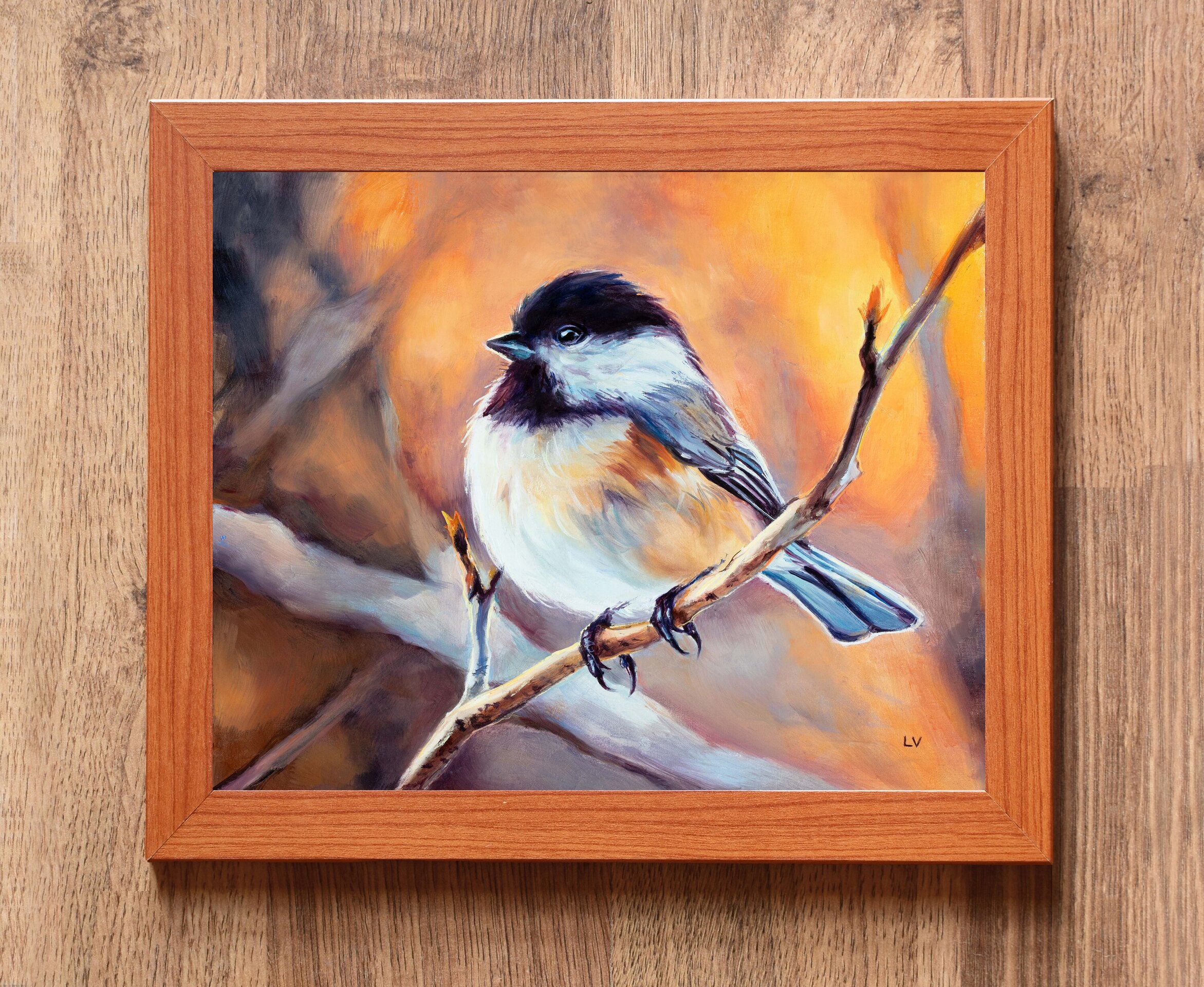 Pintura al óleo de pájaro carbonero cabecinegro sobre una rama del bosque - 3
