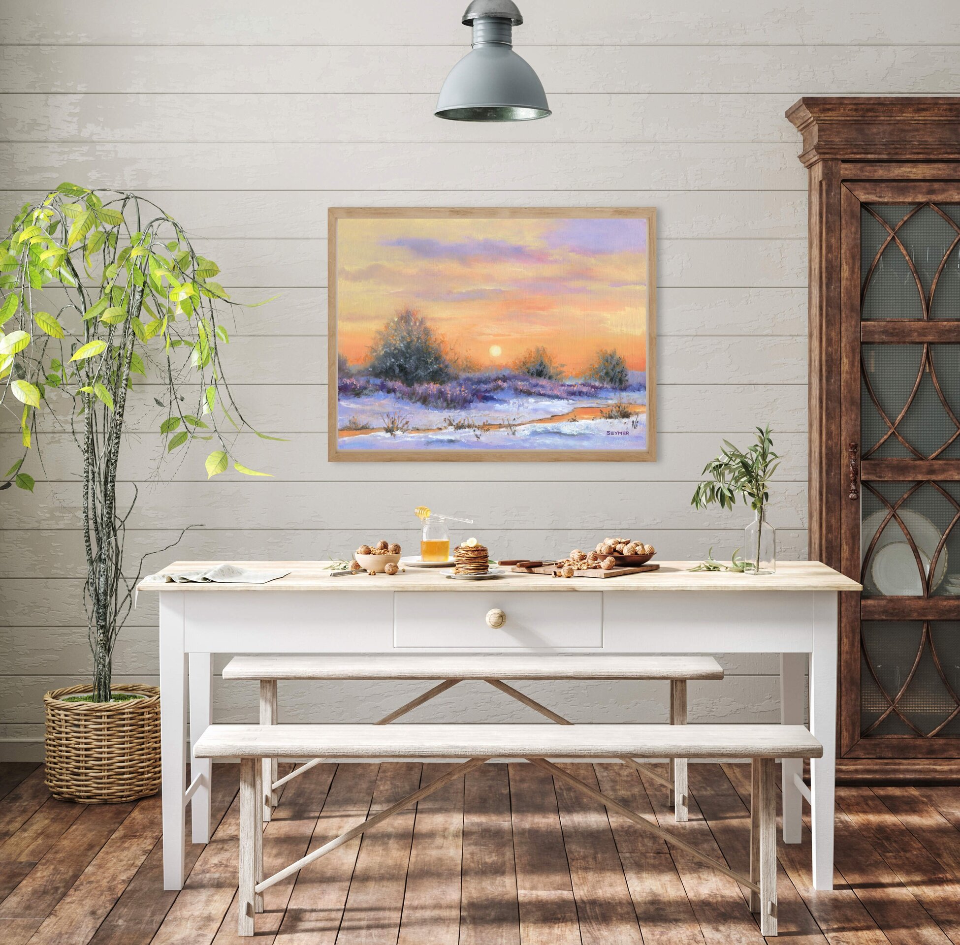 Paisaje de invierno con nieve y río de colores suaves, Cielo cálido al amanecer - 6