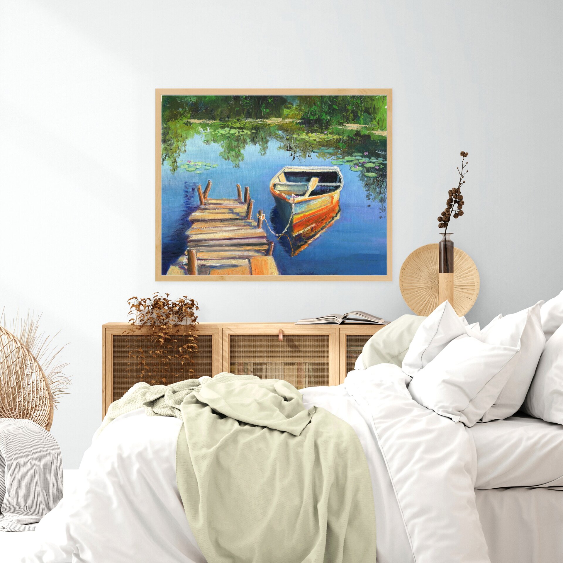 Pintura de barca en embarcadero de madera sobre aguas tranquilas con nenúfares - 9