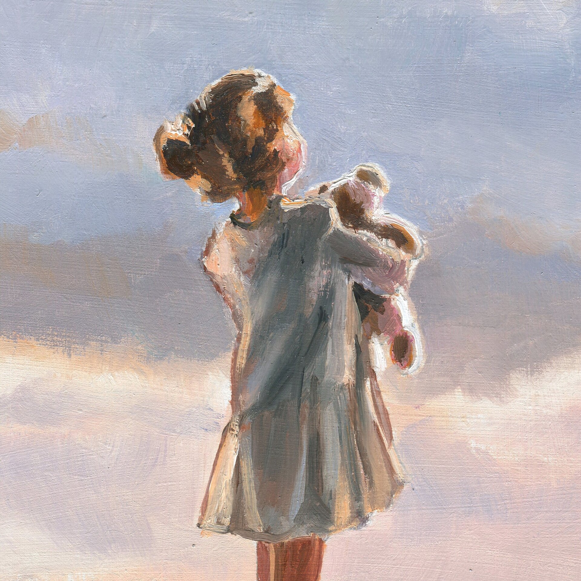 Pintura de niña en la playa con gaviota volando sobre el mar, Sentimiento de paz - 6
