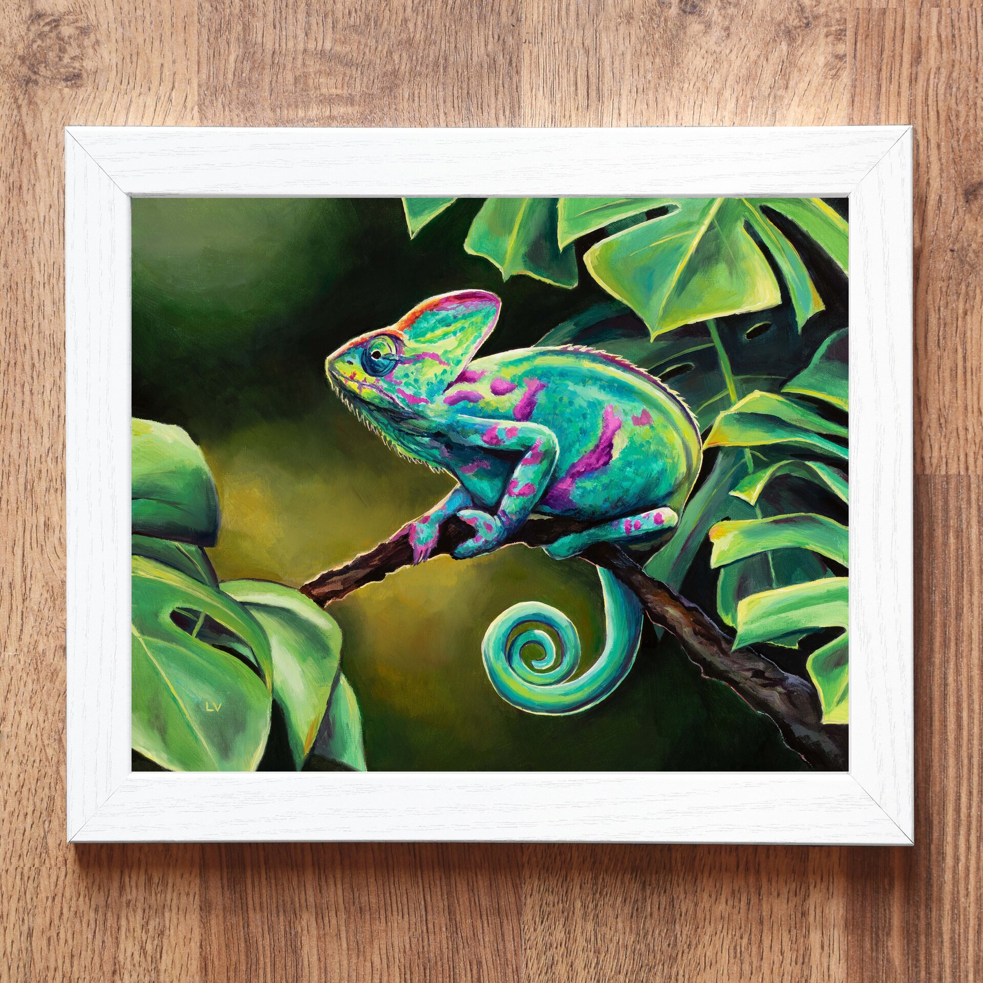 Cuadro al óleo de camaleón verde en la selva, Pintura realista animales salvajes - 4