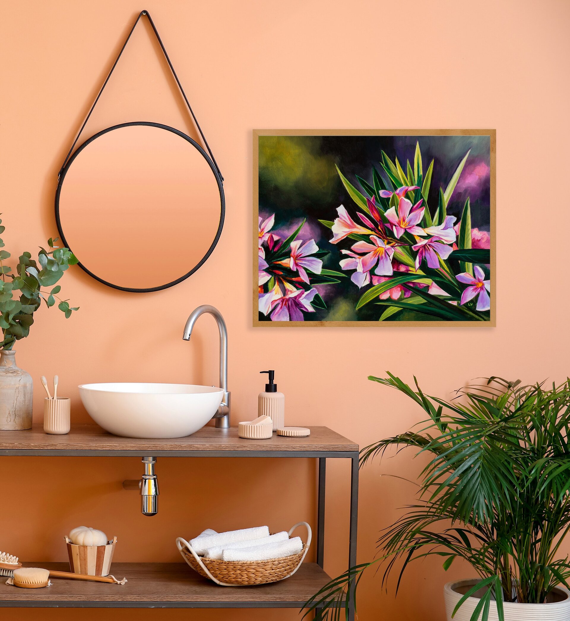 Cuadro al óleo de flores rosa de adelfa, Pintura de bodegón floral de verano - 9