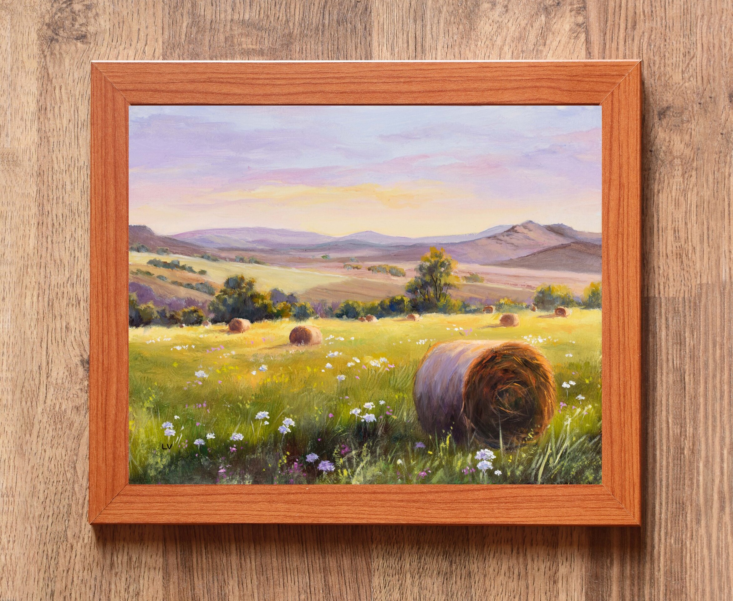 Pintura rural de campo de cultivo con balas de heno y flores, Cosecha agrícola - 3