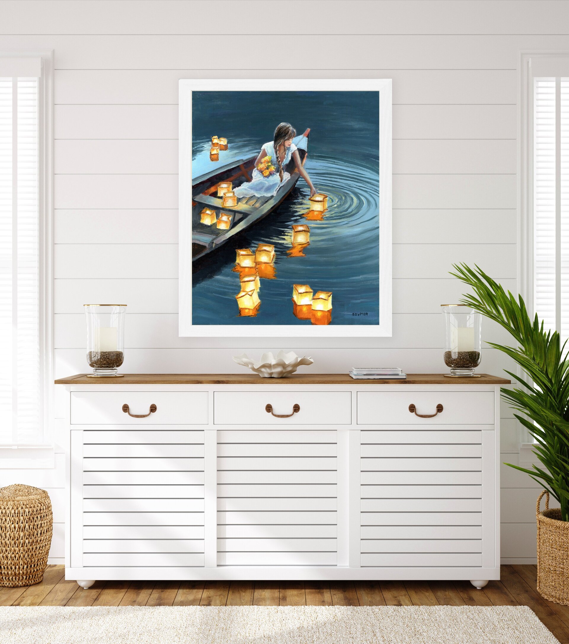 Pintura chica en barca con farolillos de luz en lago de noche, Amor, alma y paz - 6