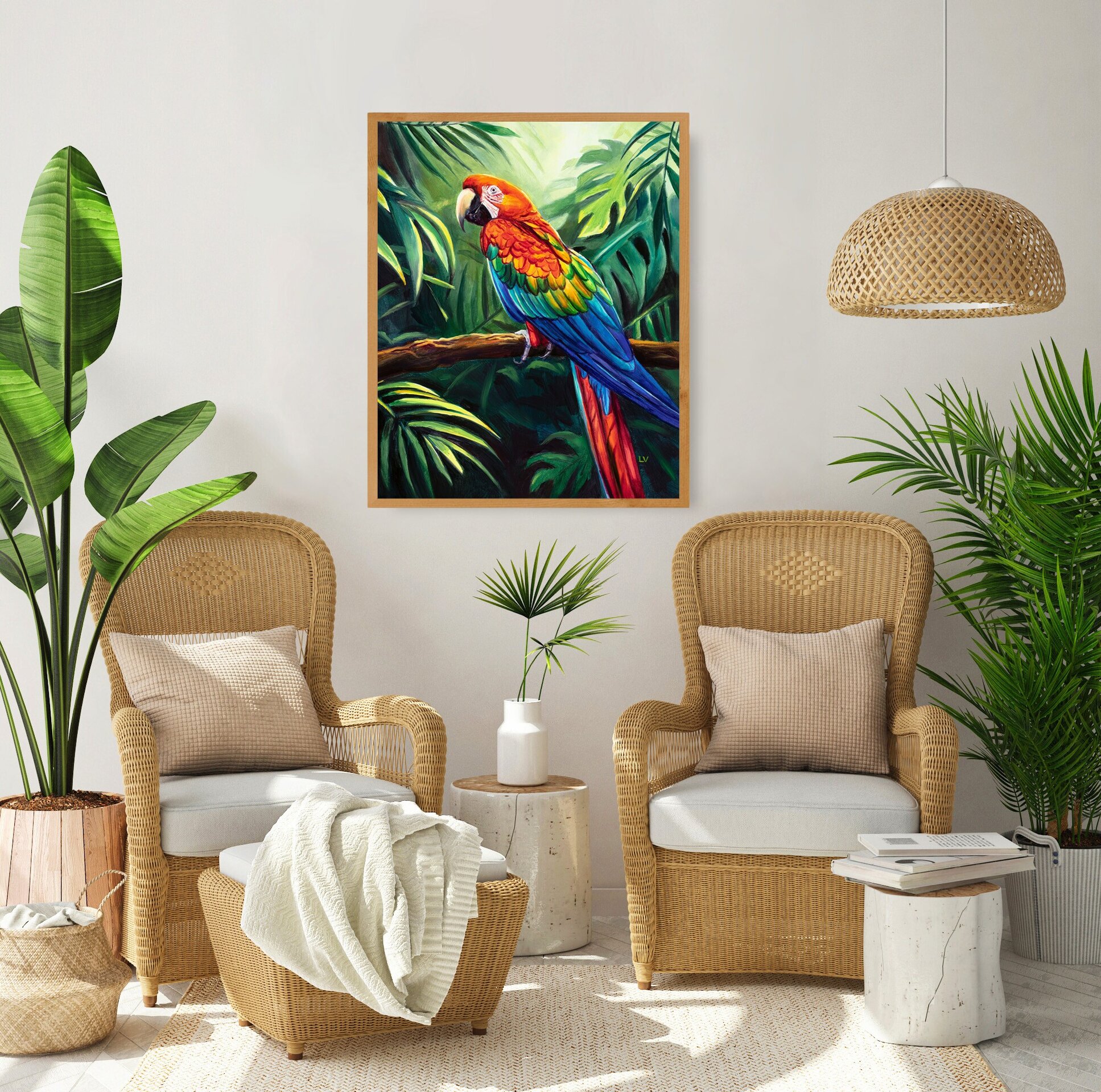 Cuadro de loro guacamayo rojo en la jungla, Pintura a óleo de animales salvajes - 5