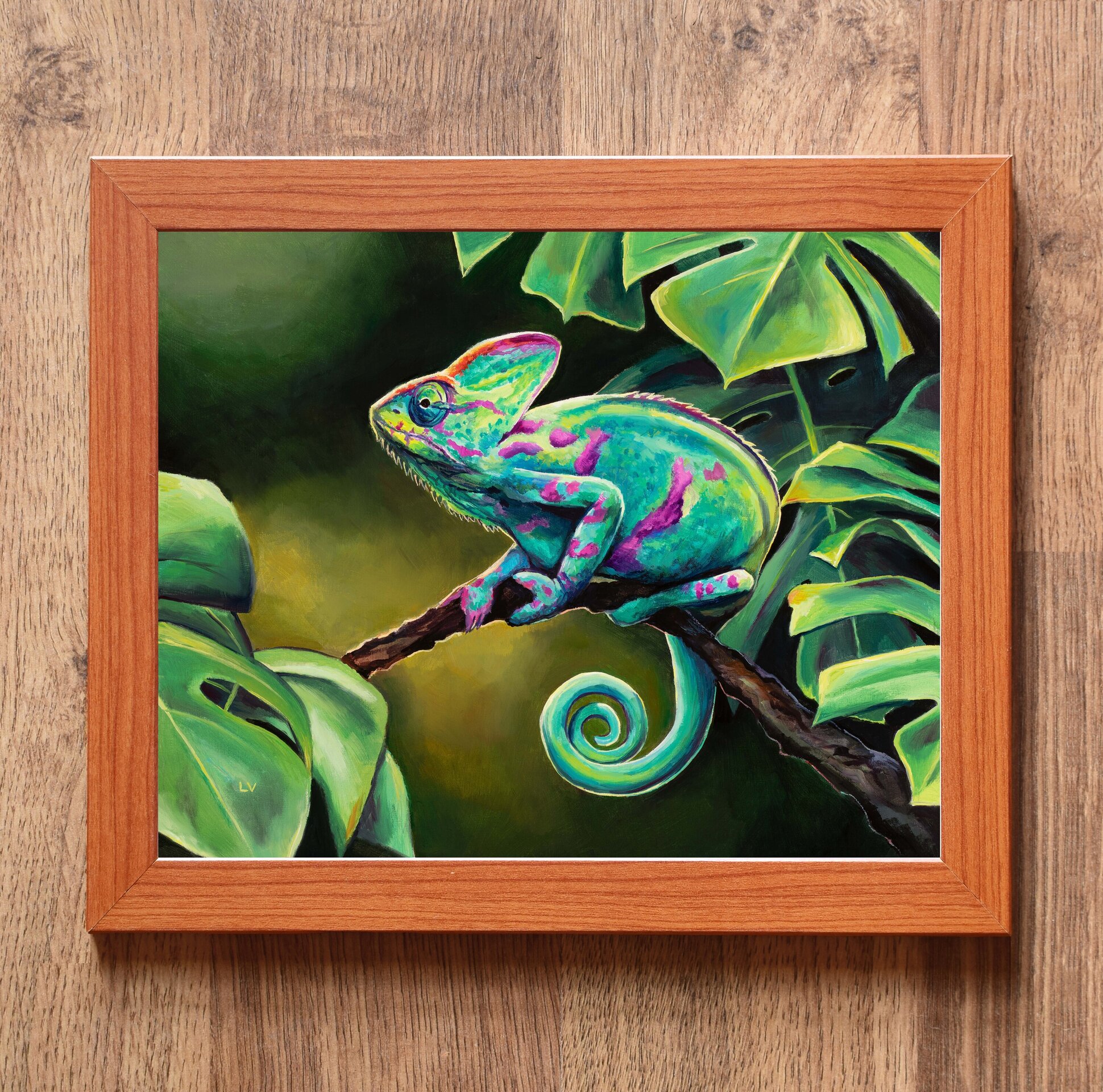 Cuadro al óleo de camaleón verde en la selva, Pintura realista animales salvajes - 3