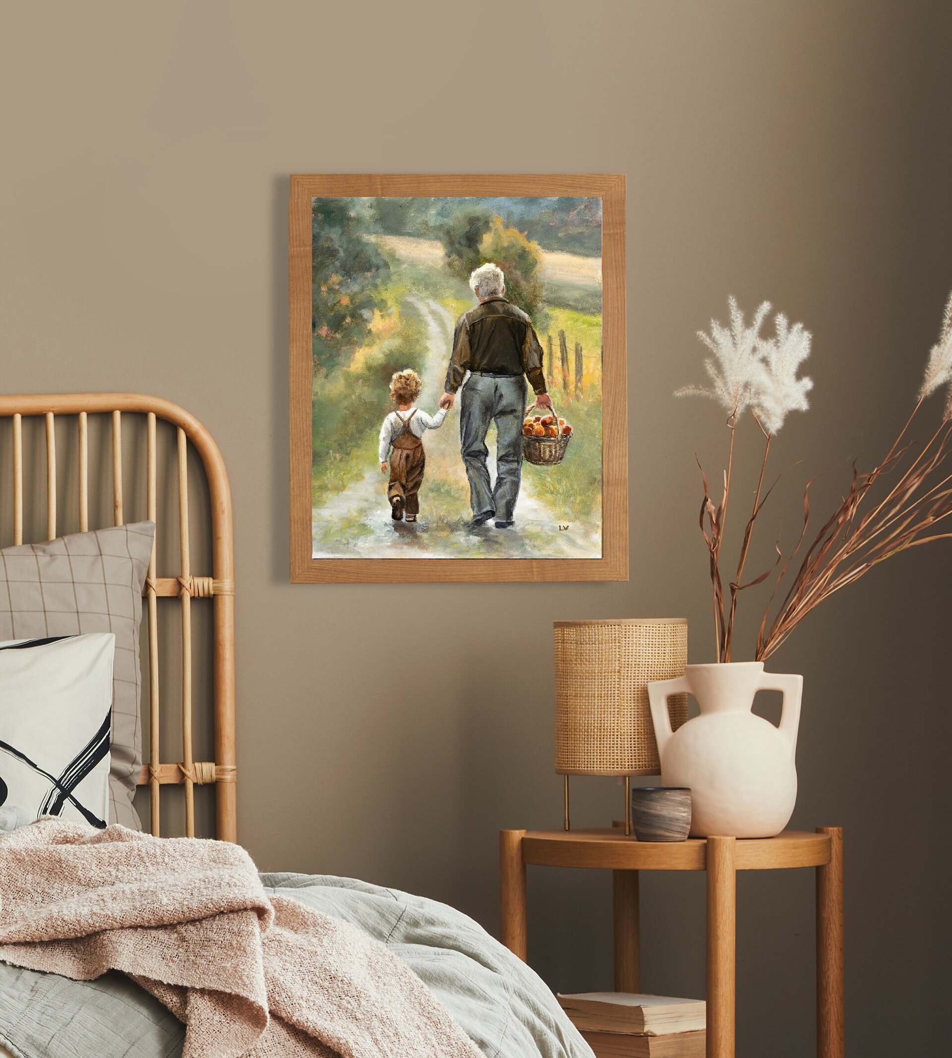 Pintura tierna de abuelo y nieto con cesto de manzanas en camino rural de granja - 5