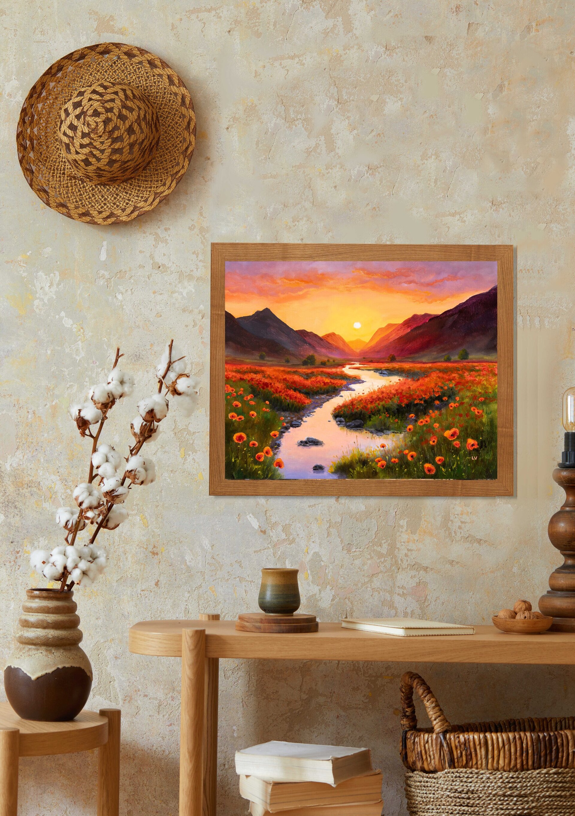 Río con flores en puesta de sol. Pintura vibrante de atardecer con amapolas - 9