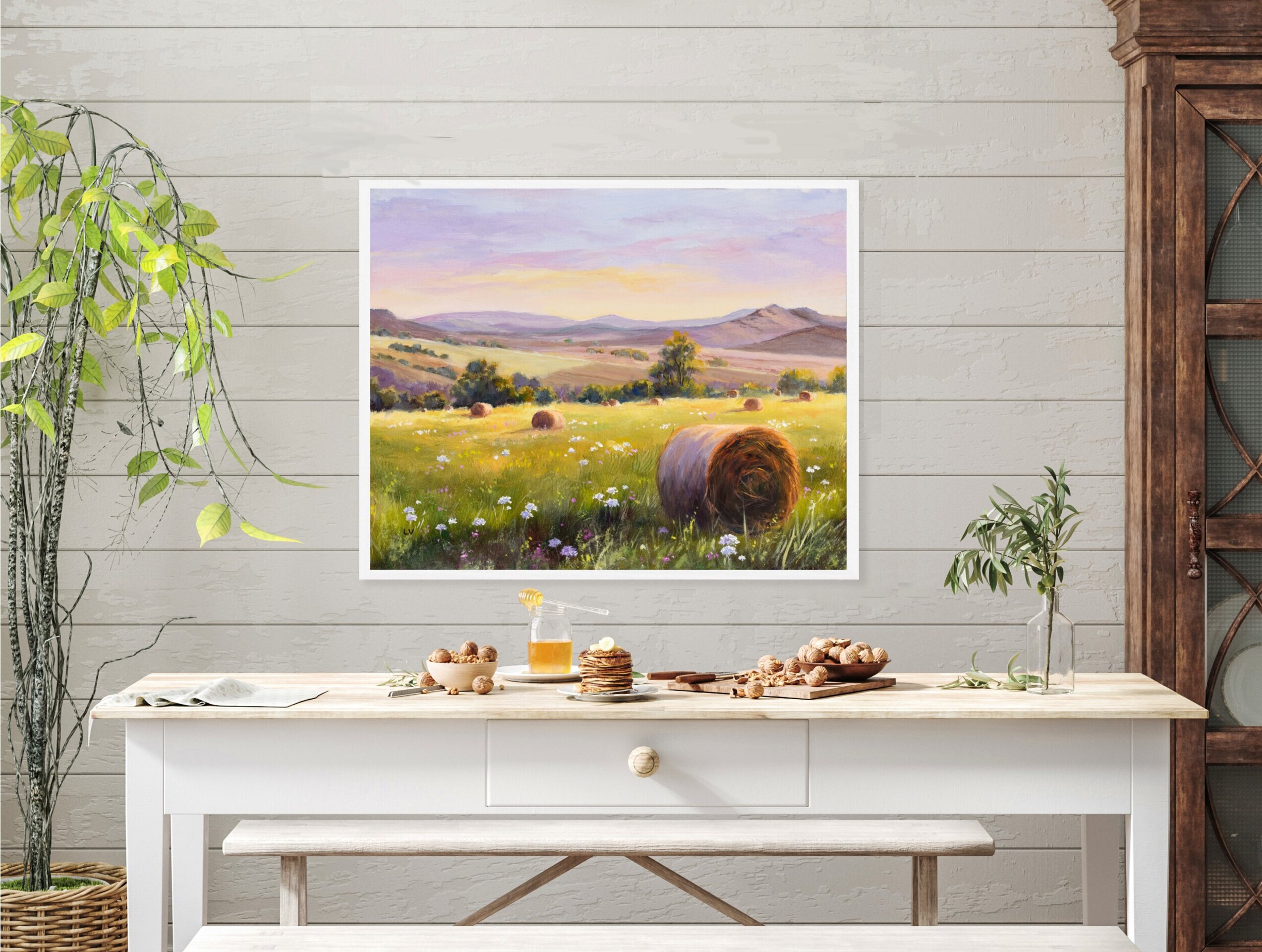 Pintura rural de campo de cultivo con balas de heno y flores, Cosecha agrícola - 9