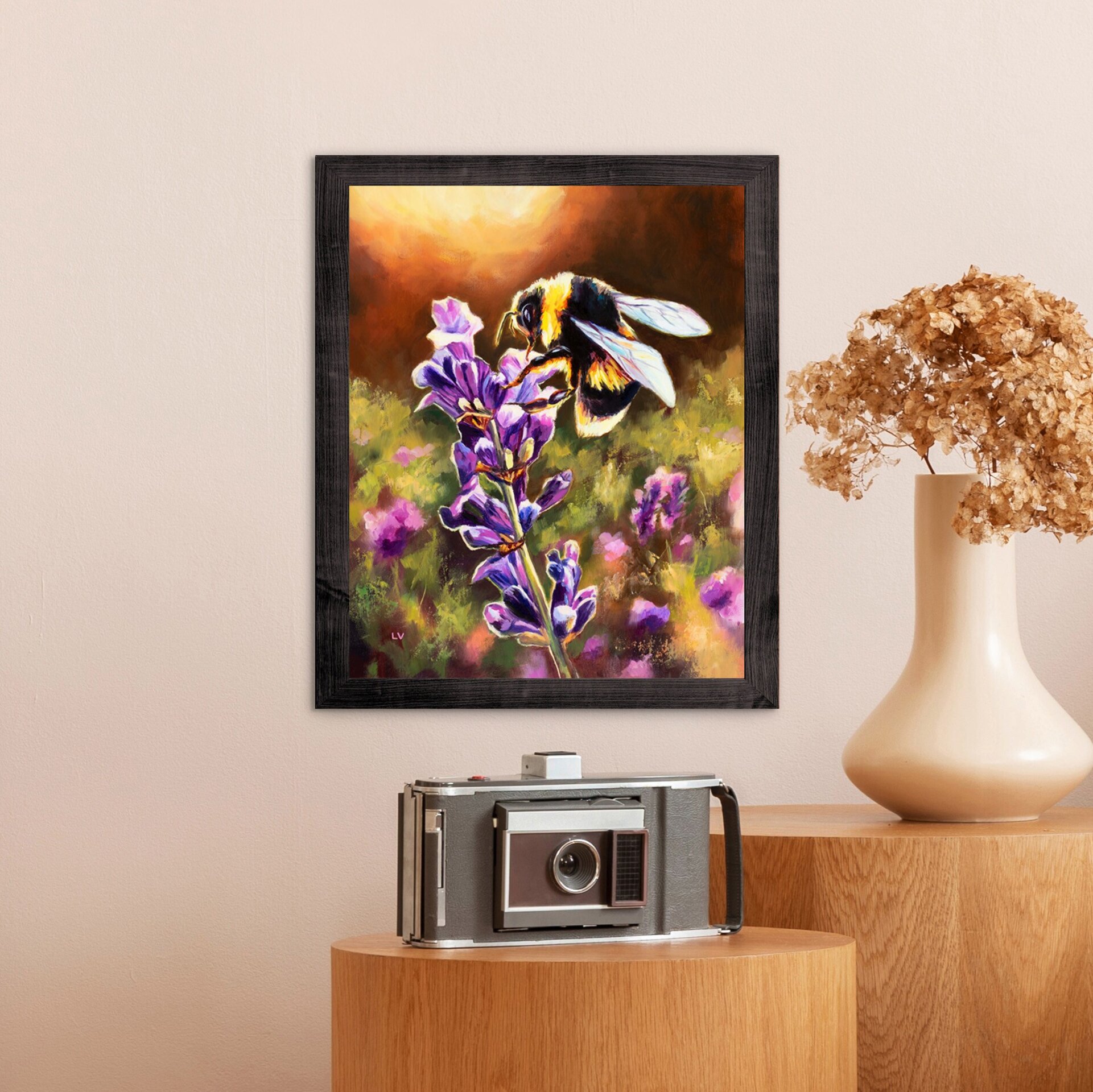 Pintura de abejorro en una flor de lavanda morada, Cuadro a óleo floral colorido - 9
