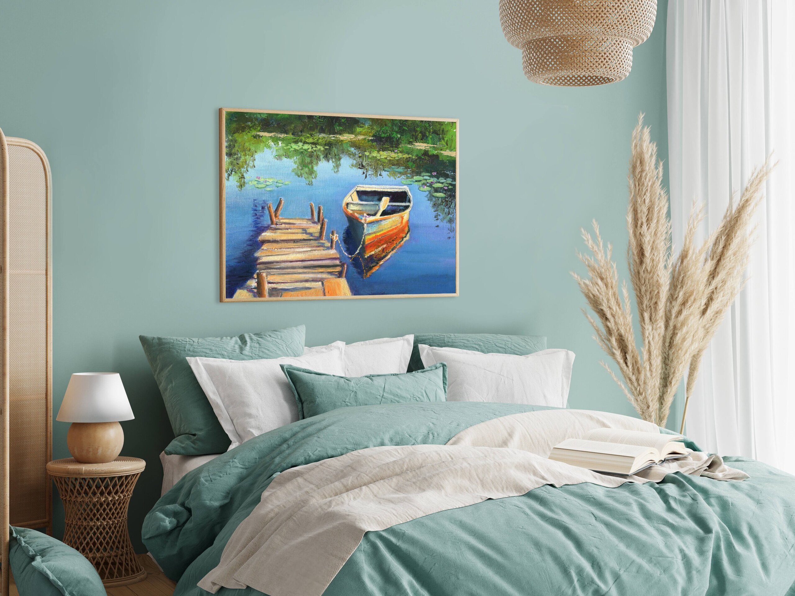 Pintura de barca en embarcadero de madera sobre aguas tranquilas con nenúfares - 5