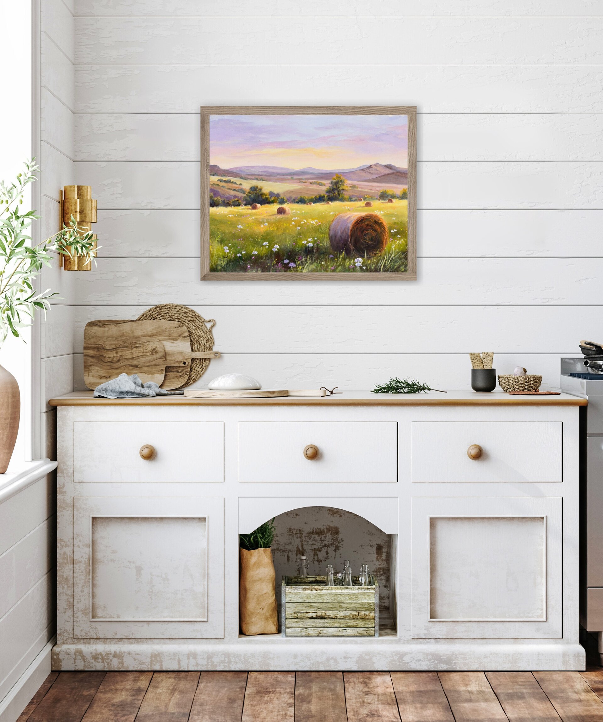 Pintura rural de campo de cultivo con balas de heno y flores, Cosecha agrícola - 5