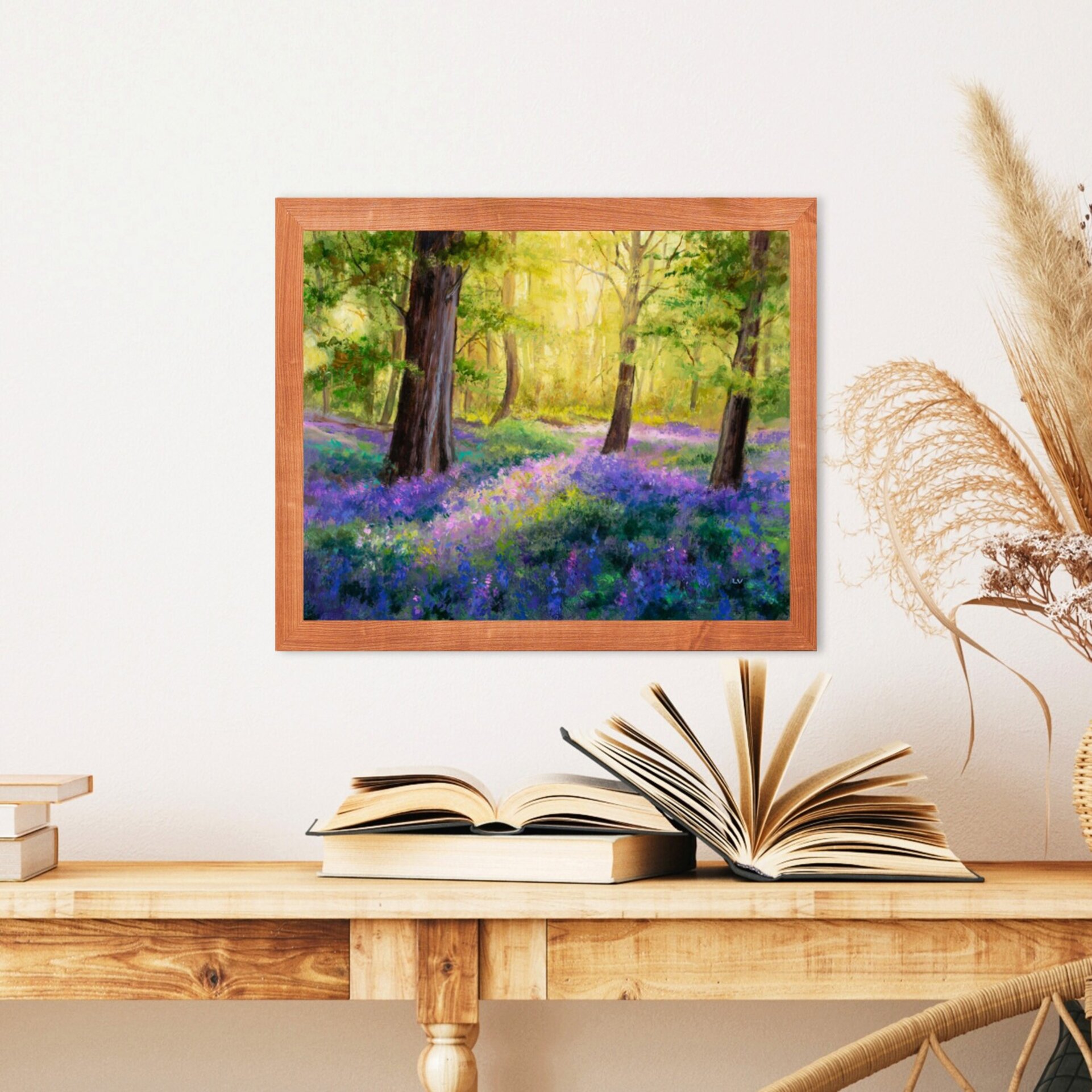 Pintura de campanillas azules en un bosque de hayas con luz entre los árboles - 7