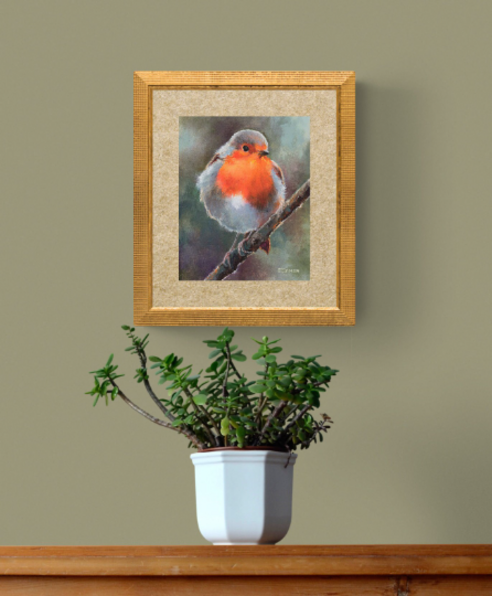 Pintura de pájaro petirrojo sobre rama libre y felíz, Arte de realismo animal - 6