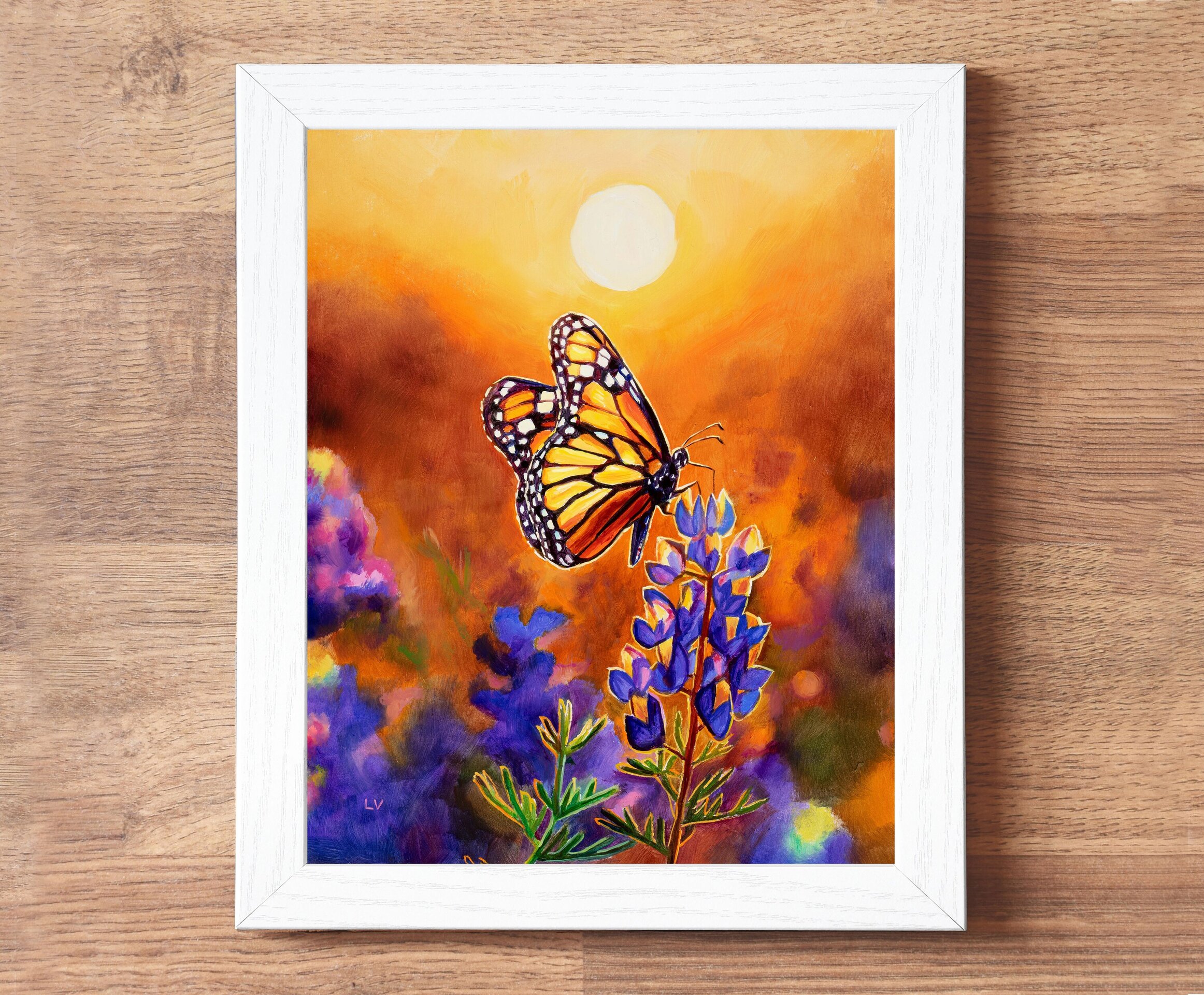 Cuadro al óleo de mariposa monarca sobre flores moradas al atardecer - 4