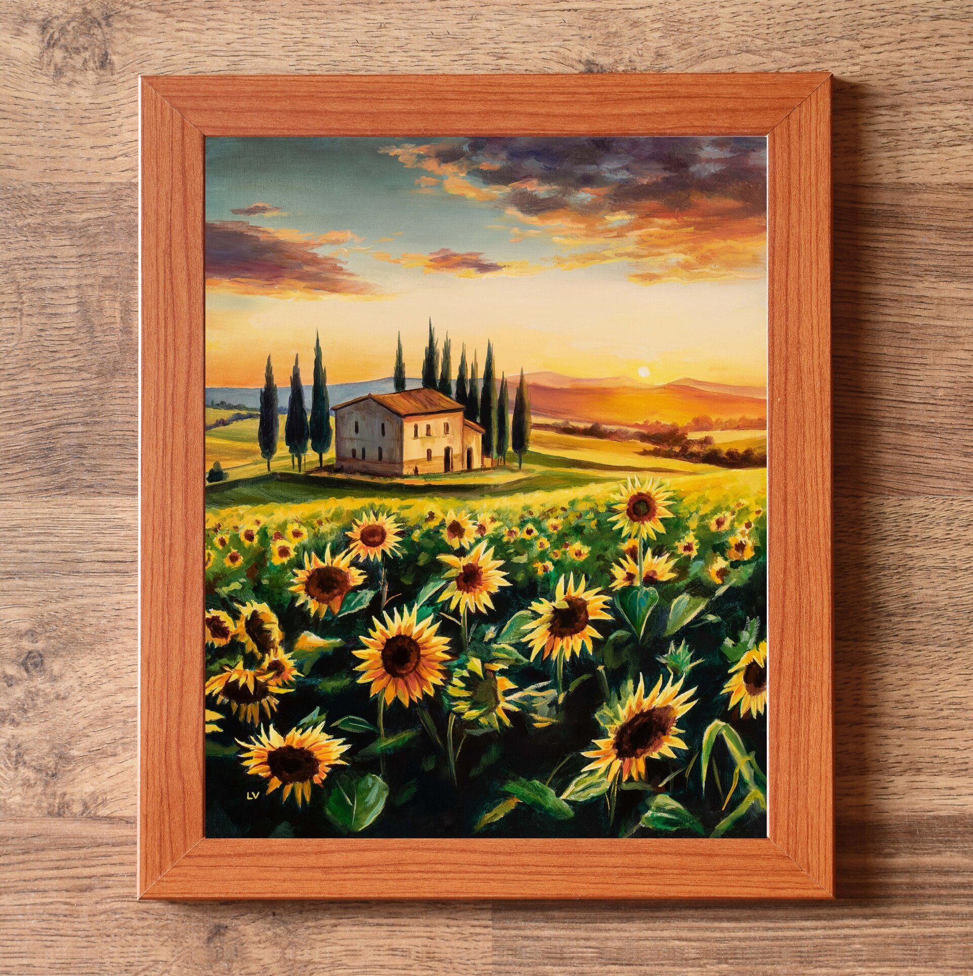 Cuadro al óleo de un paisaje de campo de girasoles en la Toscana al atardecer - 3