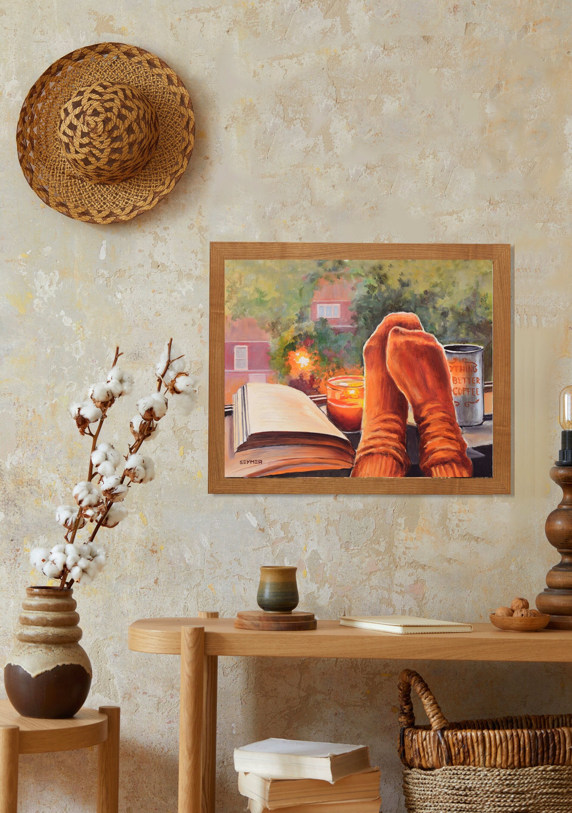 Pintura de un cálido hogar en otoño, un café, un libro y una vela en la ventana - 8