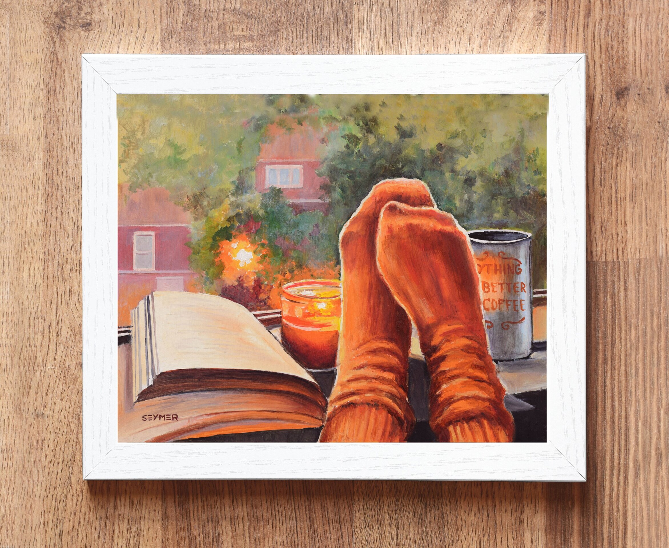 Pintura de un cálido hogar en otoño, un café, un libro y una vela en la ventana - 4