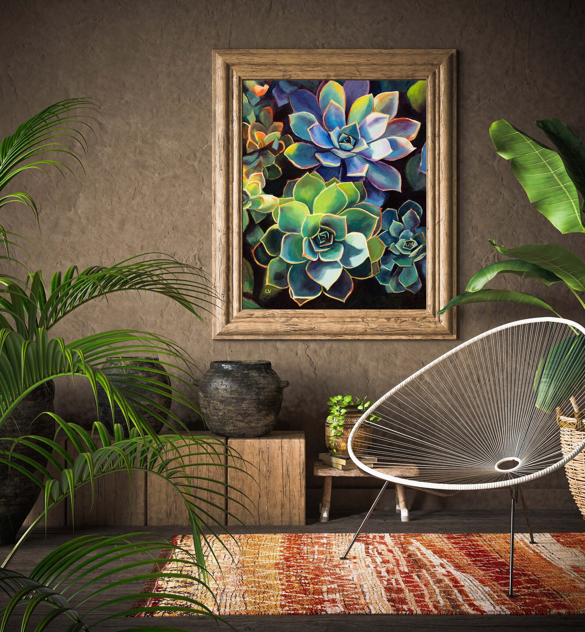Coloridas plantas suculentas cuadro al óleo, Pintura boho floral de cactus - 14
