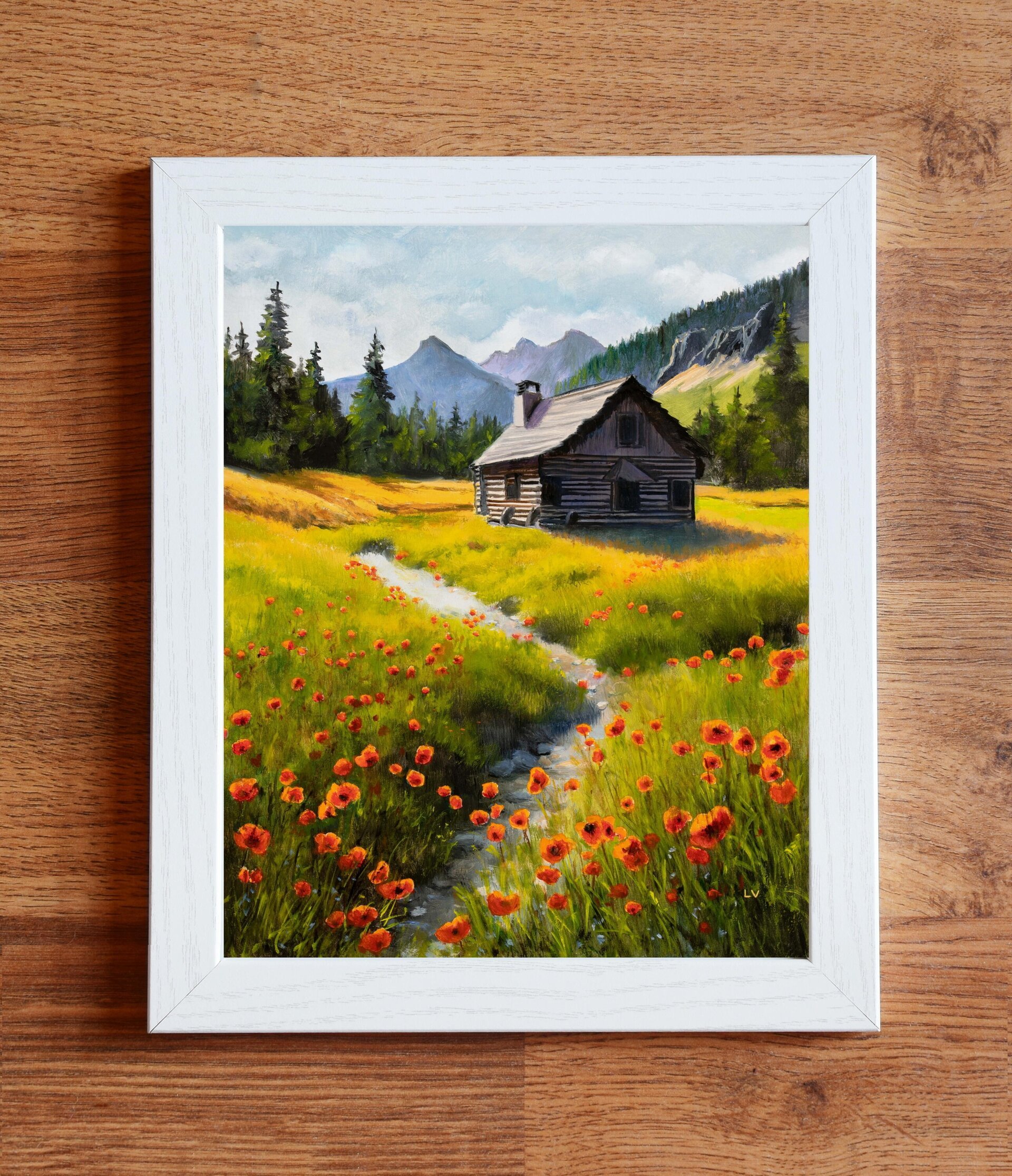 Pintura de paisaje de montaña, amapolas rojas con cabaña de madera, río y abetos - 4