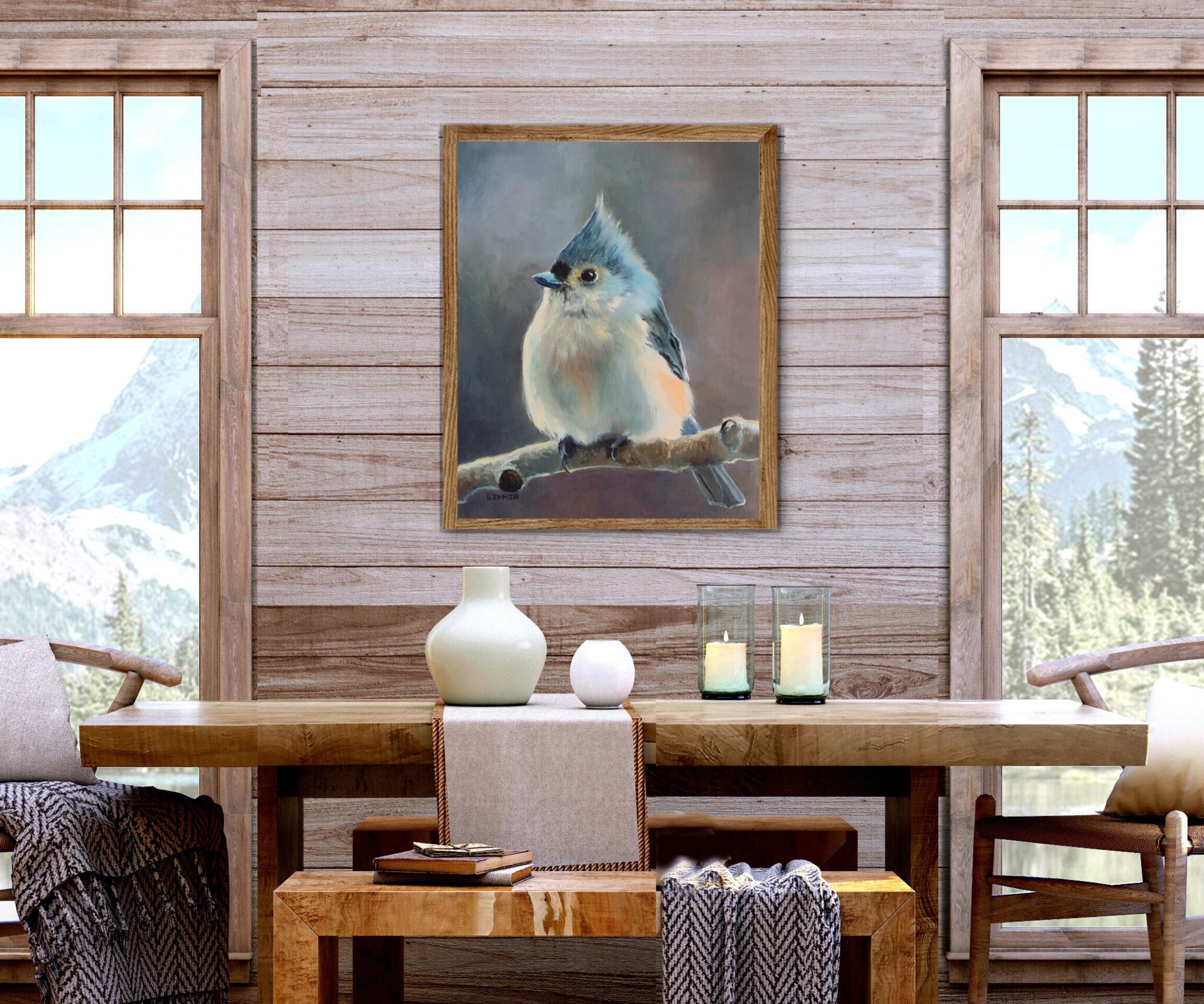 Óleo de pájaro herrerillo azul sobre rama árbol, Pintura realista de ornitologia - 5
