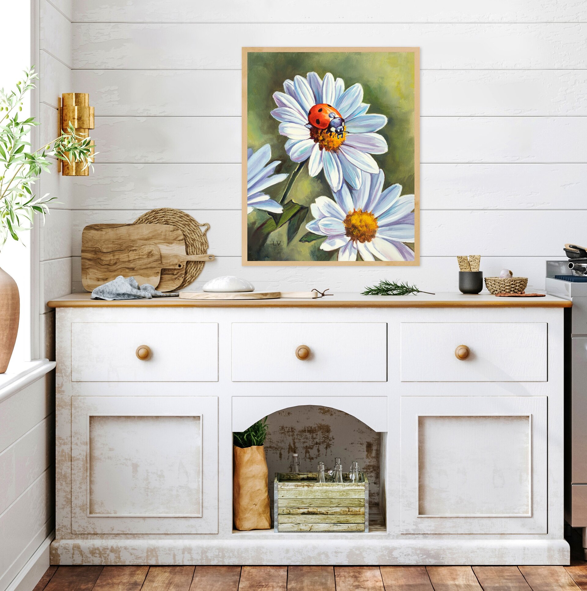 Pintura al óleo de una mariquita roja sobre flores de margarita blancas - 10